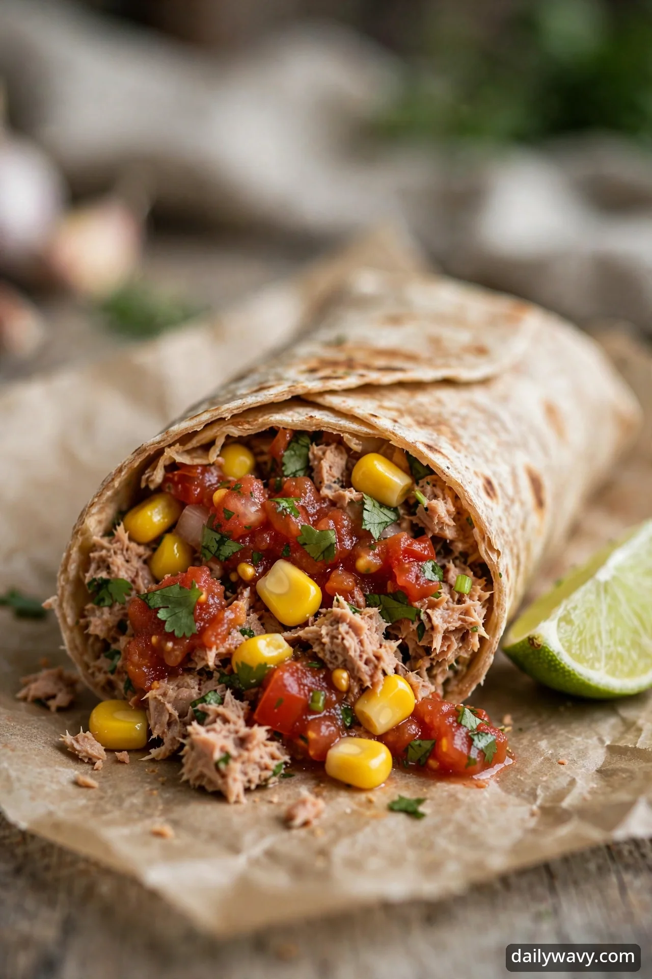 A cut tuna wrap with corn and salsa showing the filling
