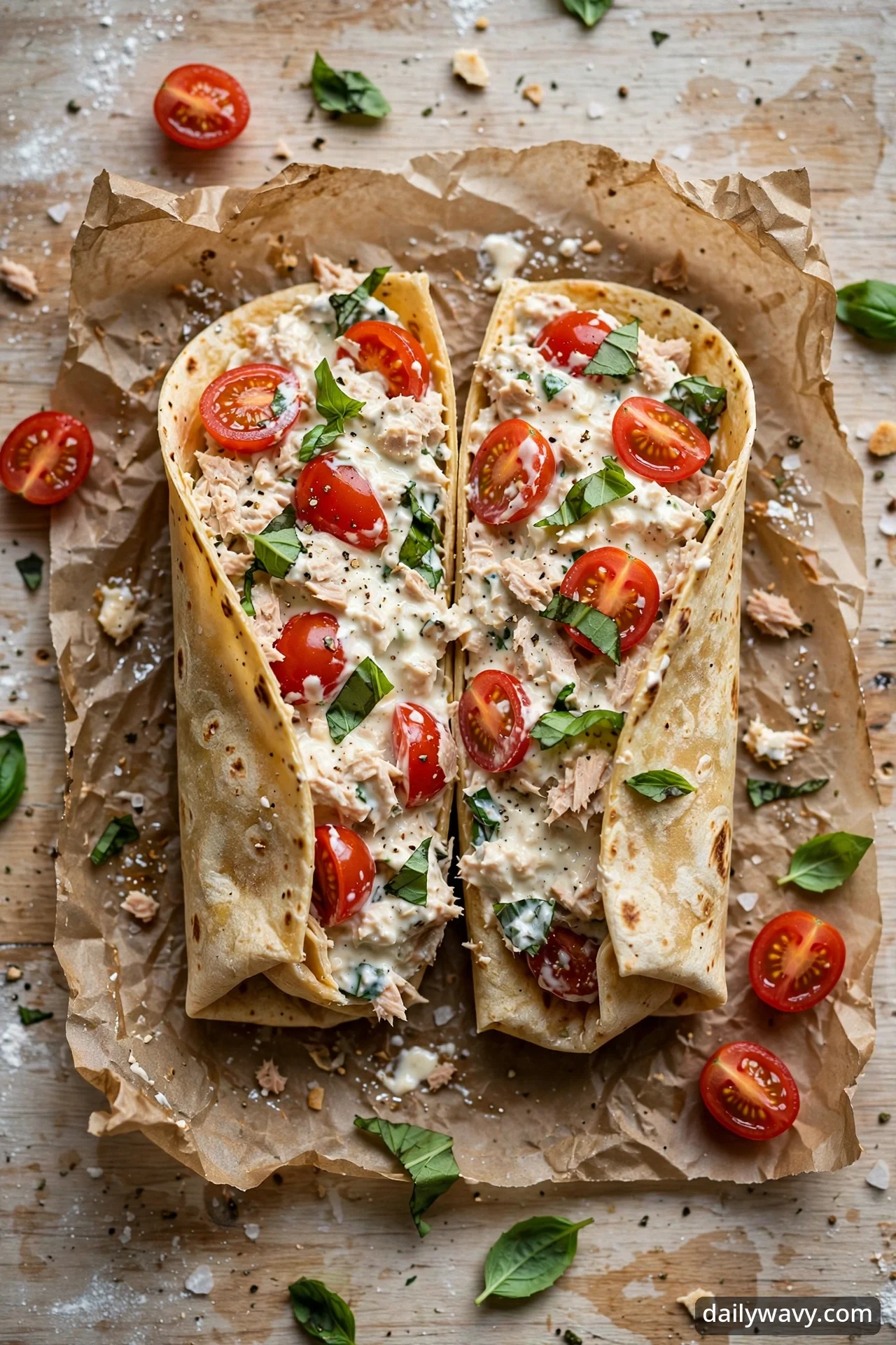 A cut tuna wrap with tomato and basil showing the filling