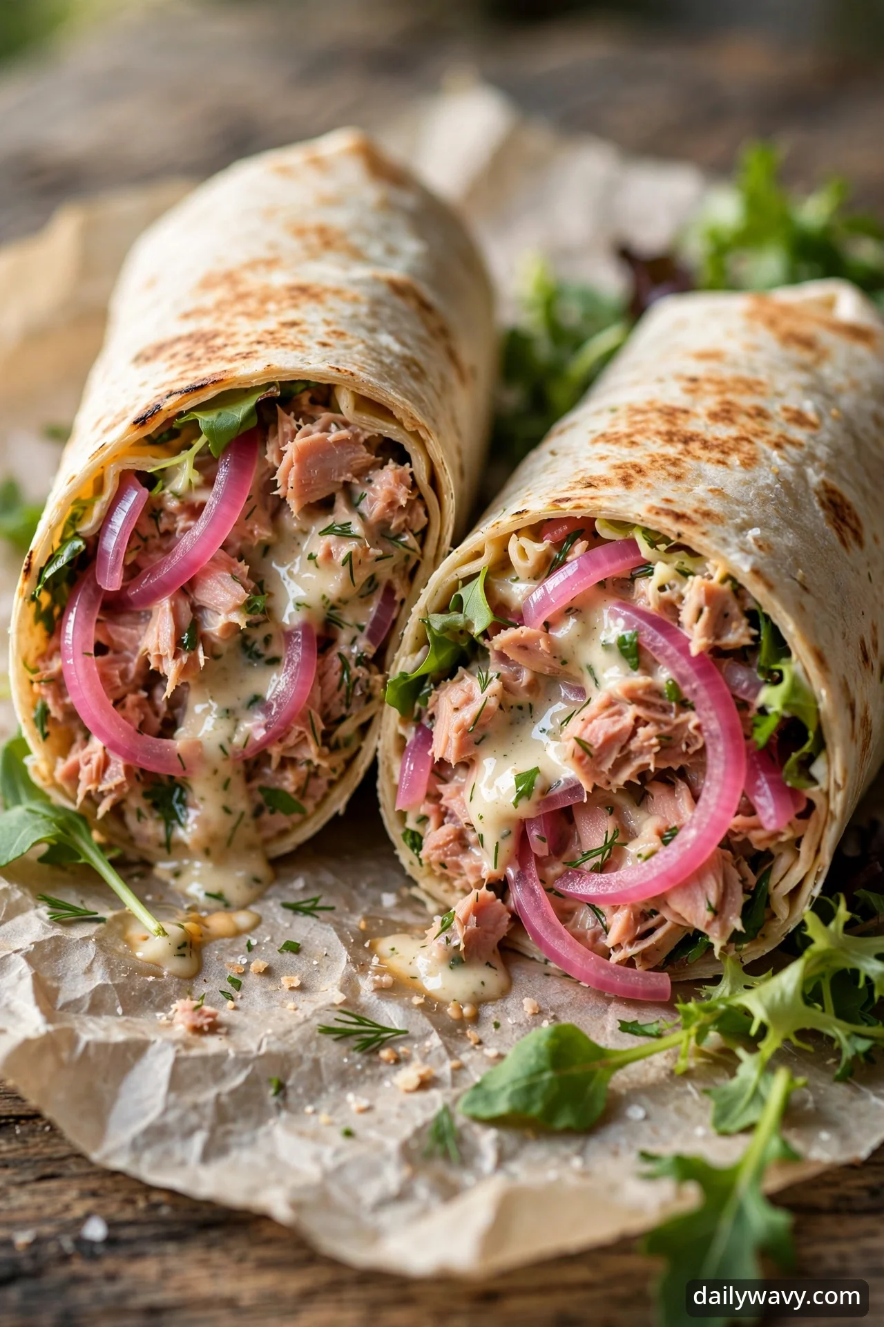 A cut tuna wrap with pickled onion and garlic sauce showing the filling