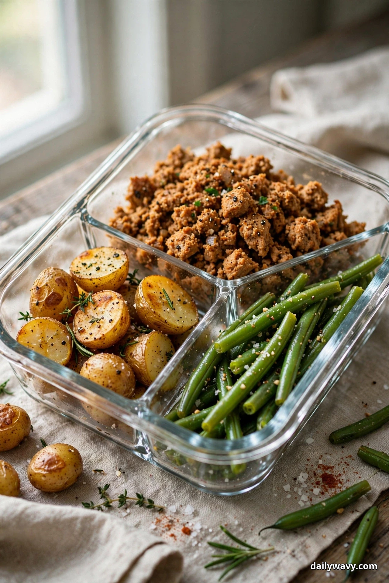 A closer view shows a divided glass container of paprika-seasoned ground turkey, roasted halved baby potatoes, and green beans resting on linen with a few loose potatoes and beans beside it