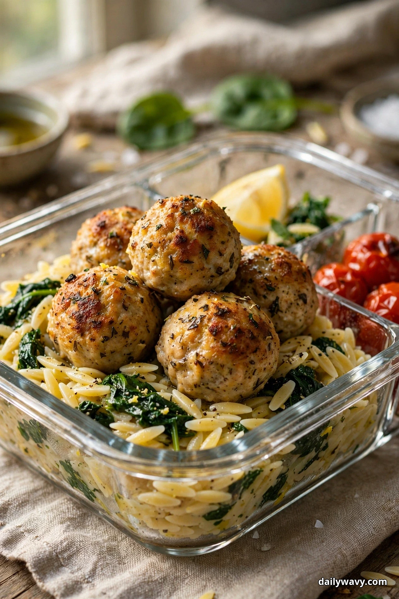 Golden-brown turkey meatballs rest on lemony orzo with wilted spinach in a glass meal prep container