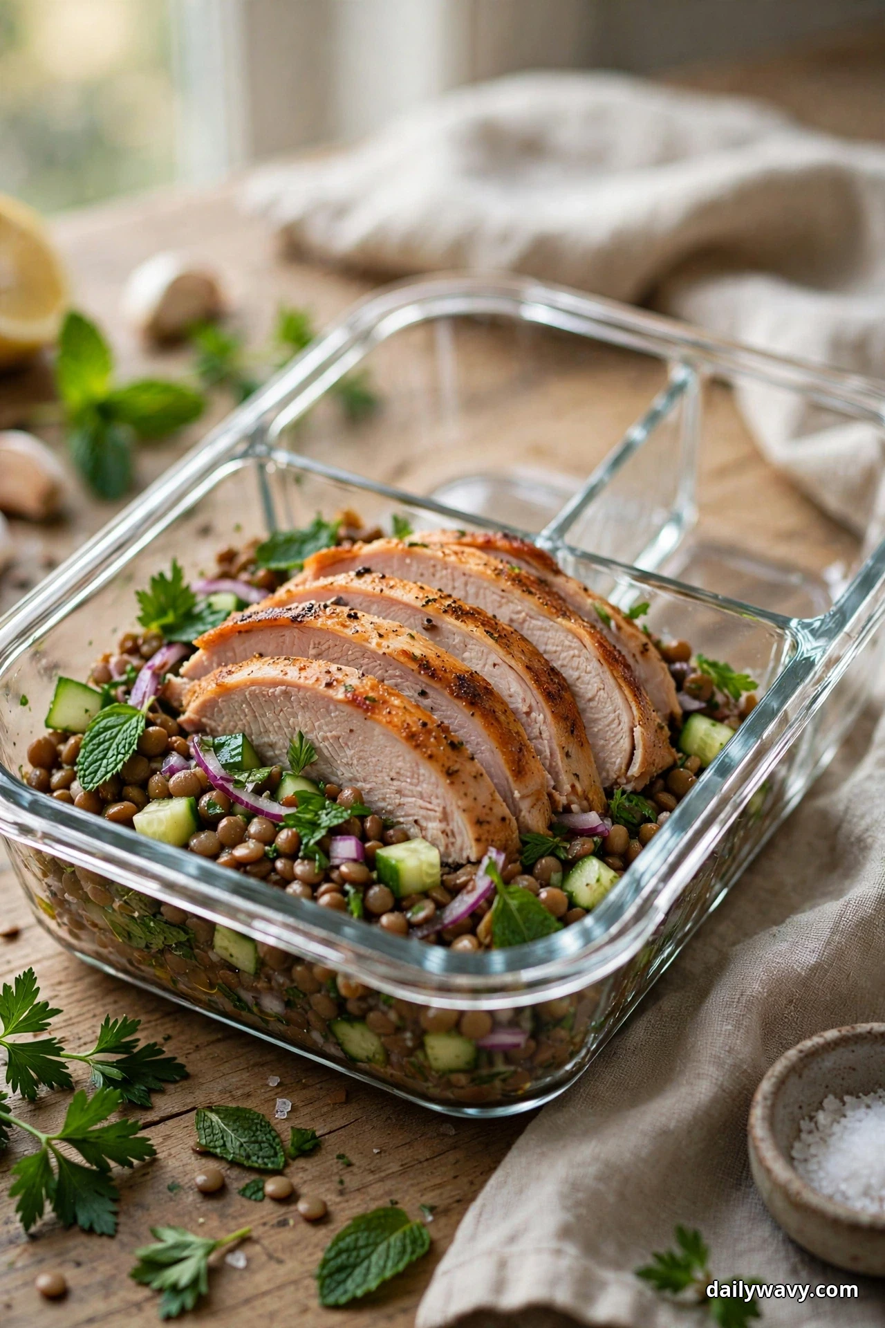 Slices of roast turkey breast rest on a lentil salad with diced cucumber, red onion, parsley, and mint in a glass meal prep container