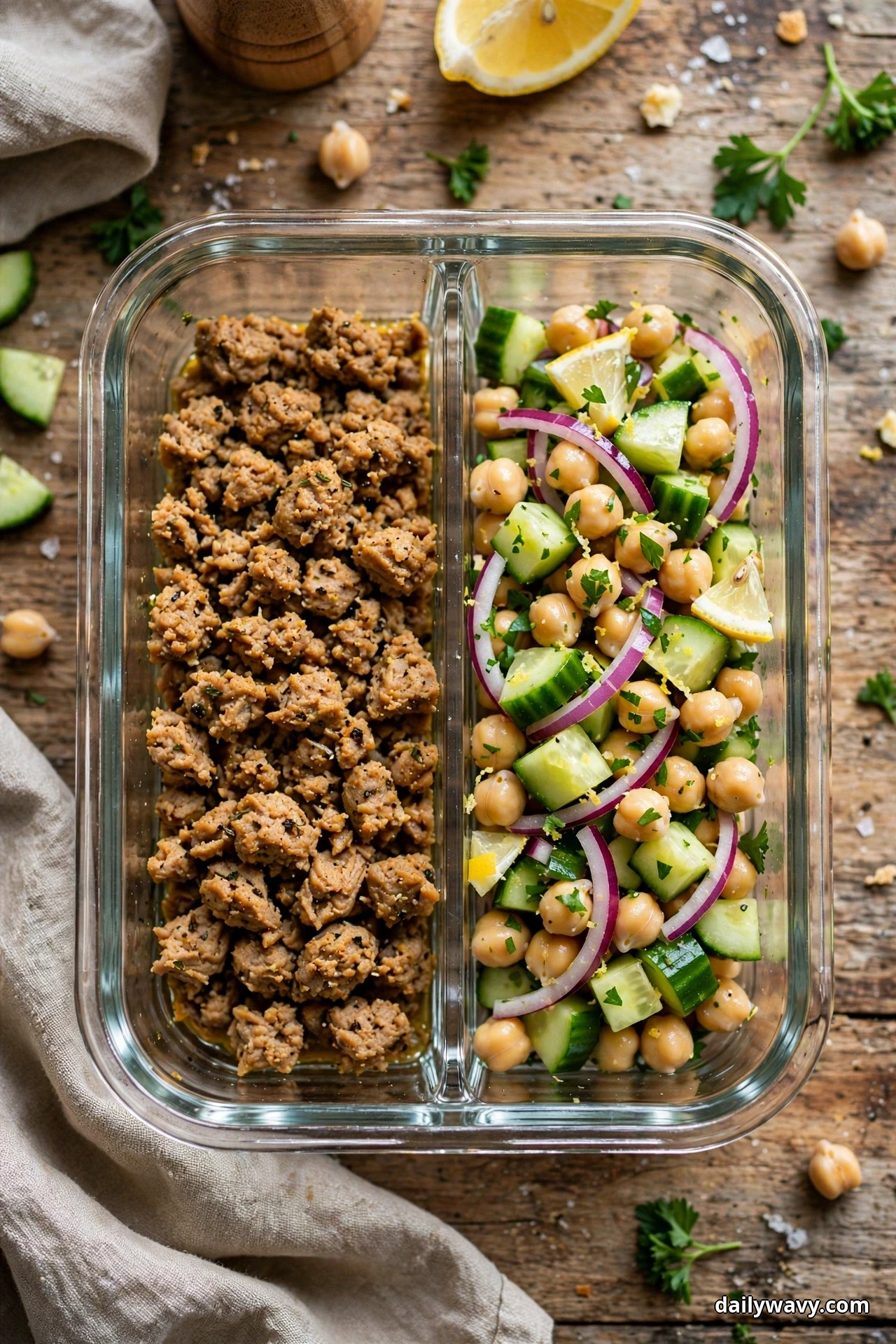 An overhead view shows a two-compartment glass container with seasoned ground turkey beside a chickpea salad of cucumber, red onion, and parsley with lemon