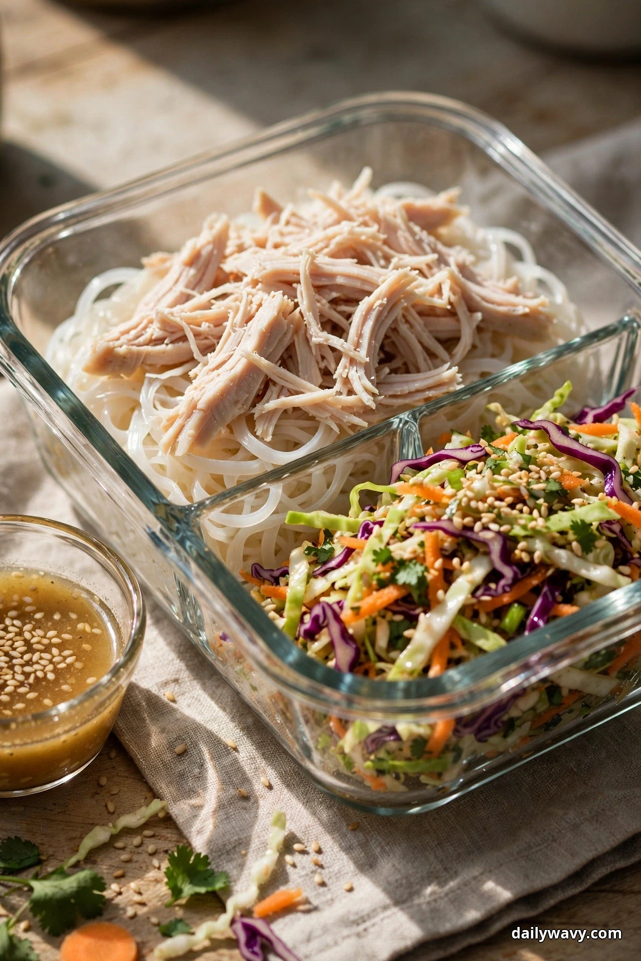 A divided glass container holds shredded turkey over rice noodles and a cabbage slaw with carrot and sesame seeds, with a small cup of sesame dressing beside it