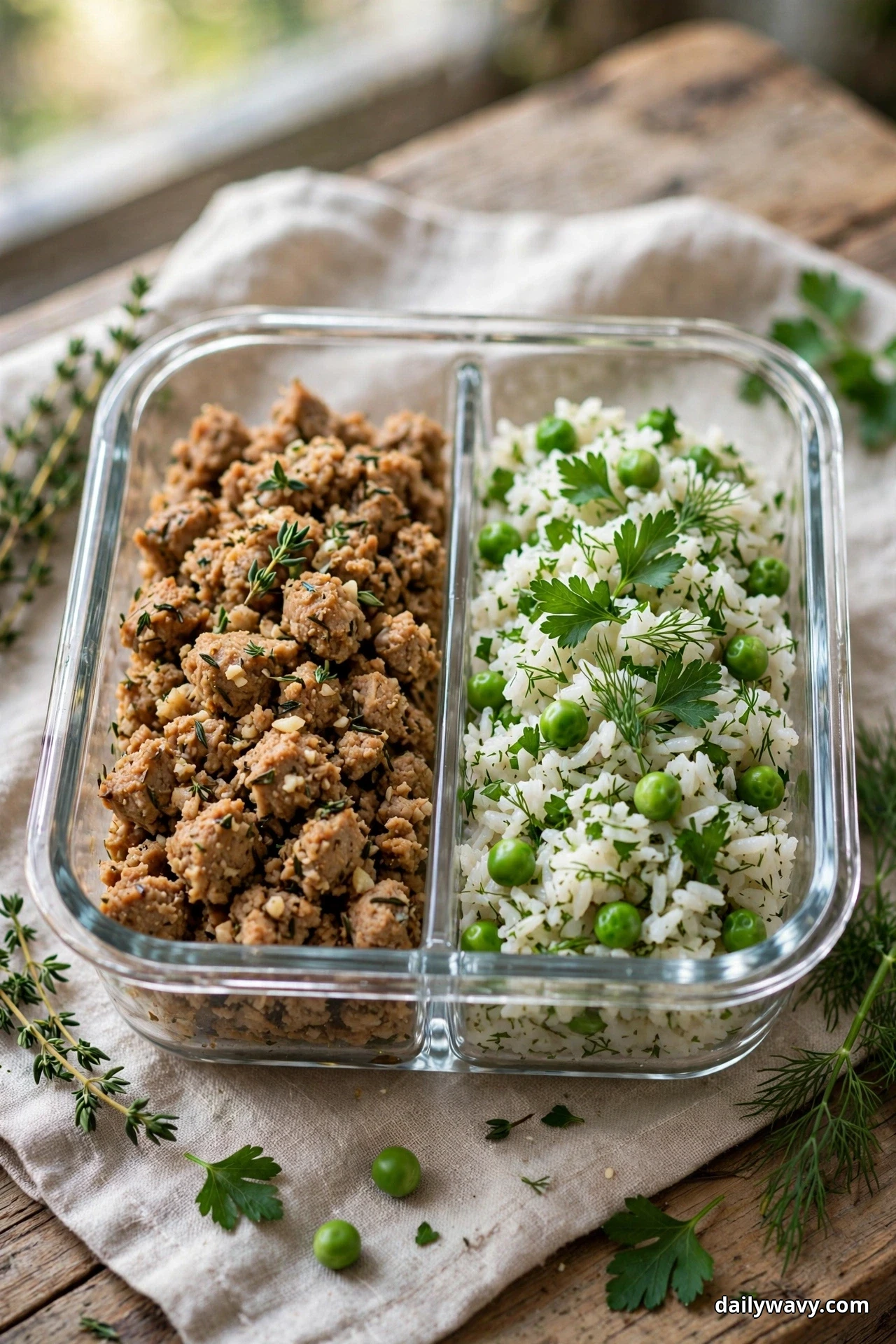 A two-compartment glass container holds garlic and thyme ground turkey beside herb rice studded with green peas, parsley, and dill