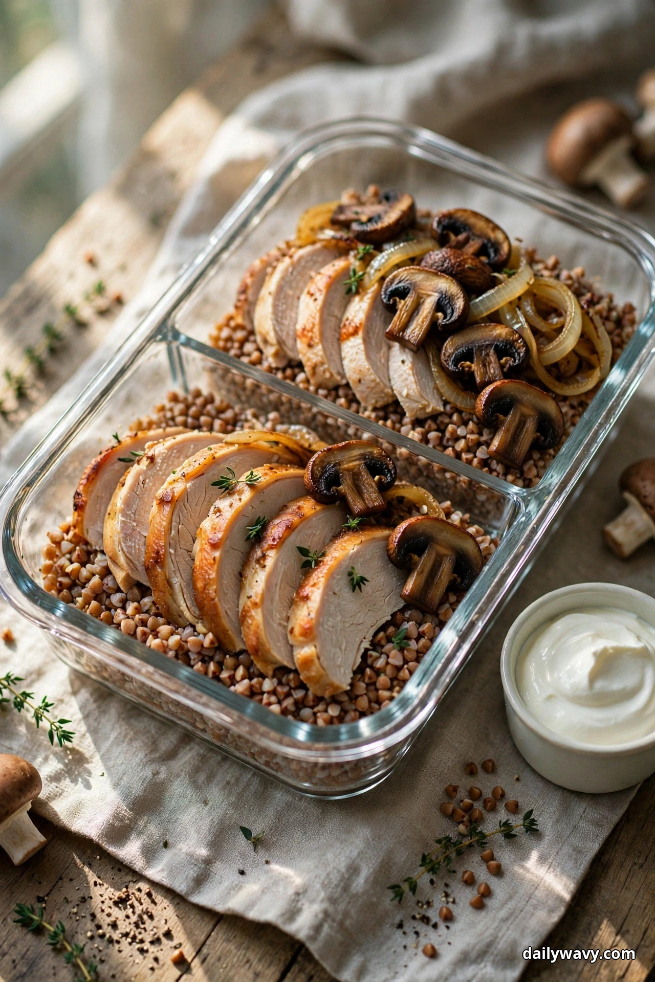 Sliced roast turkey breast fans over buckwheat with seared mushrooms and onion in a divided glass container, with a small dish of sour cream beside it
