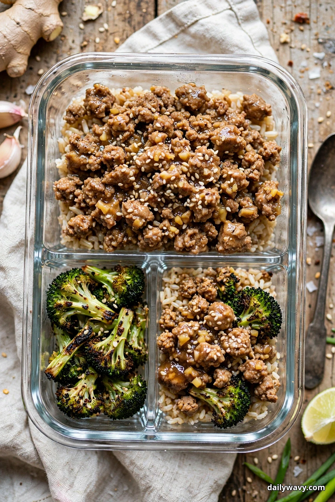 An overhead view shows ginger-garlic ground turkey over brown rice sprinkled with sesame seeds, with charred roasted broccoli florets in the next compartment of a divided glass container