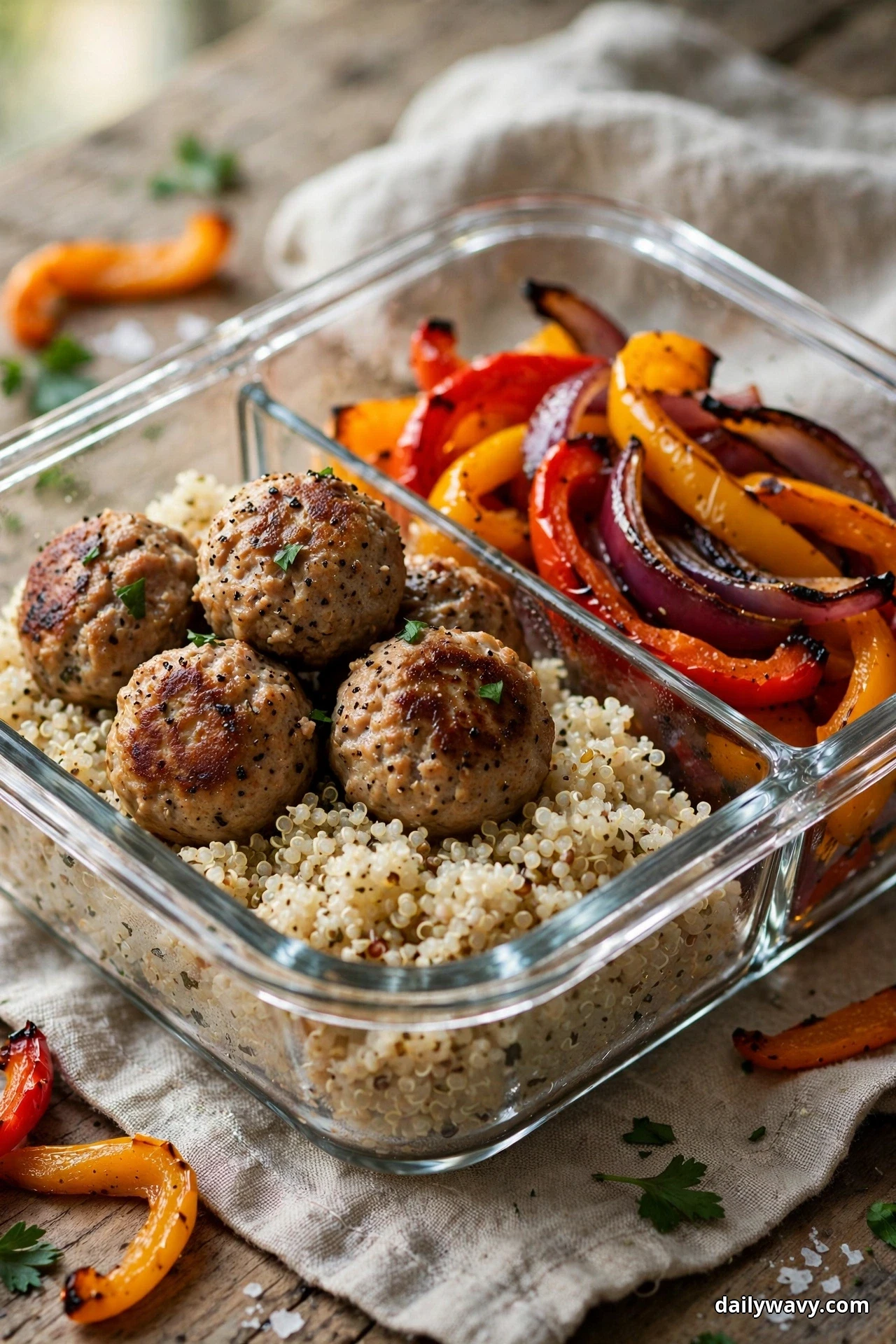 Seared turkey meatballs sit on fluffy quinoa beside roasted strips of bell pepper and red onion in a divided glass container