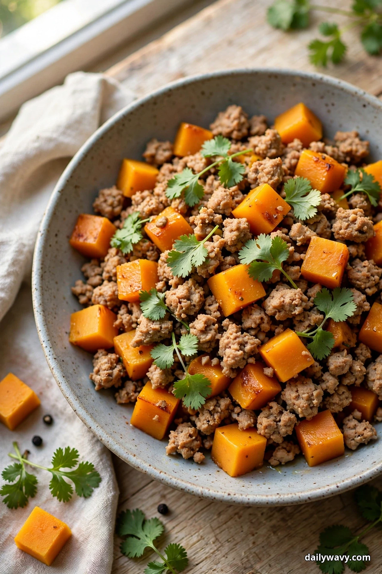 A speckled bowl of ground turkey crumbles and caramelized butternut squash cubes is scattered with fresh cilantro leaves on a wooden table beside a window