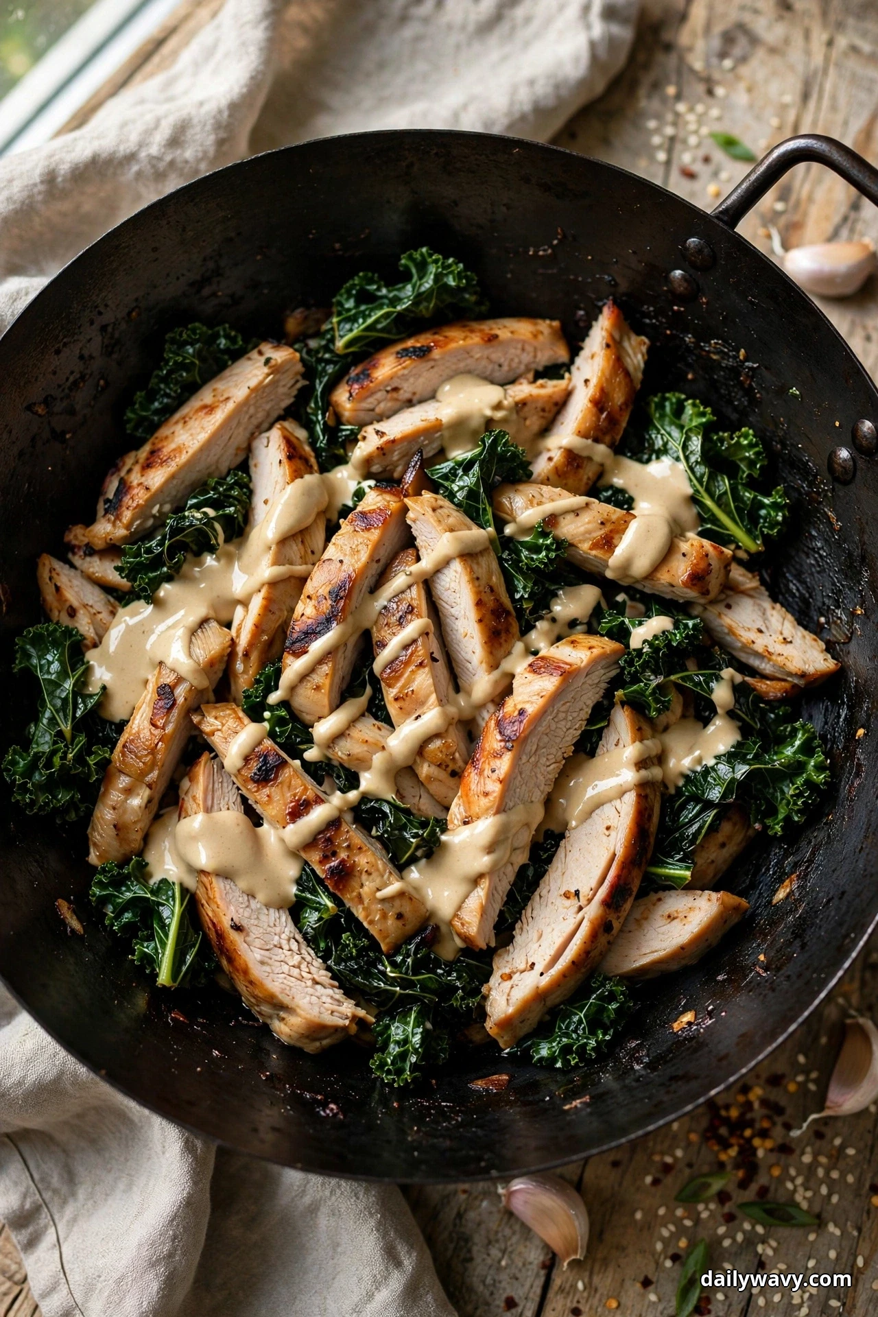 A dark wok holds sliced seared turkey strips over wilted kale leaves drizzled with a creamy tan tahini sauce on a wooden table