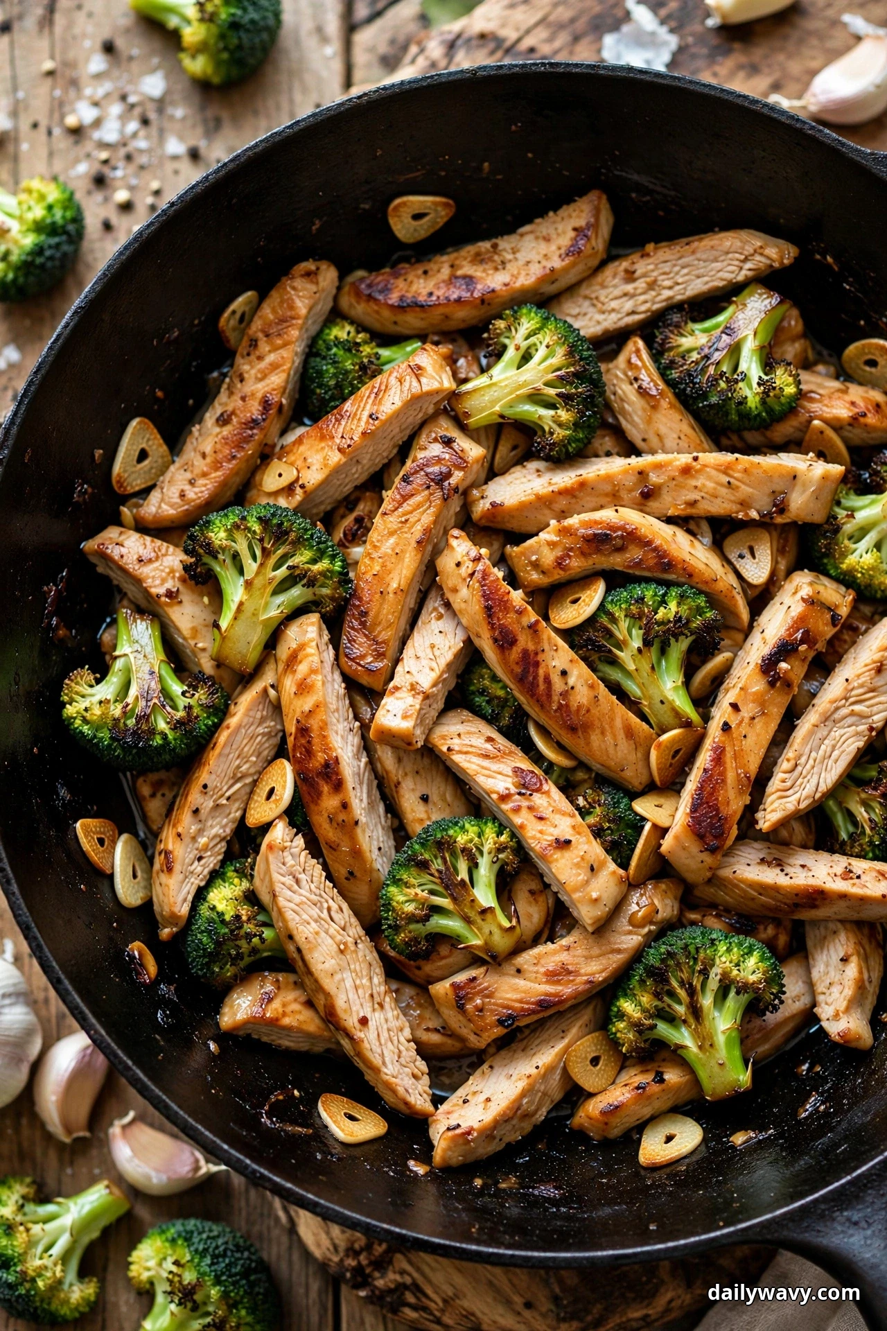 A black skillet holds sliced seared turkey strips with charred broccoli florets and golden garlic slices on a wooden table with garlic cloves scattered beside it