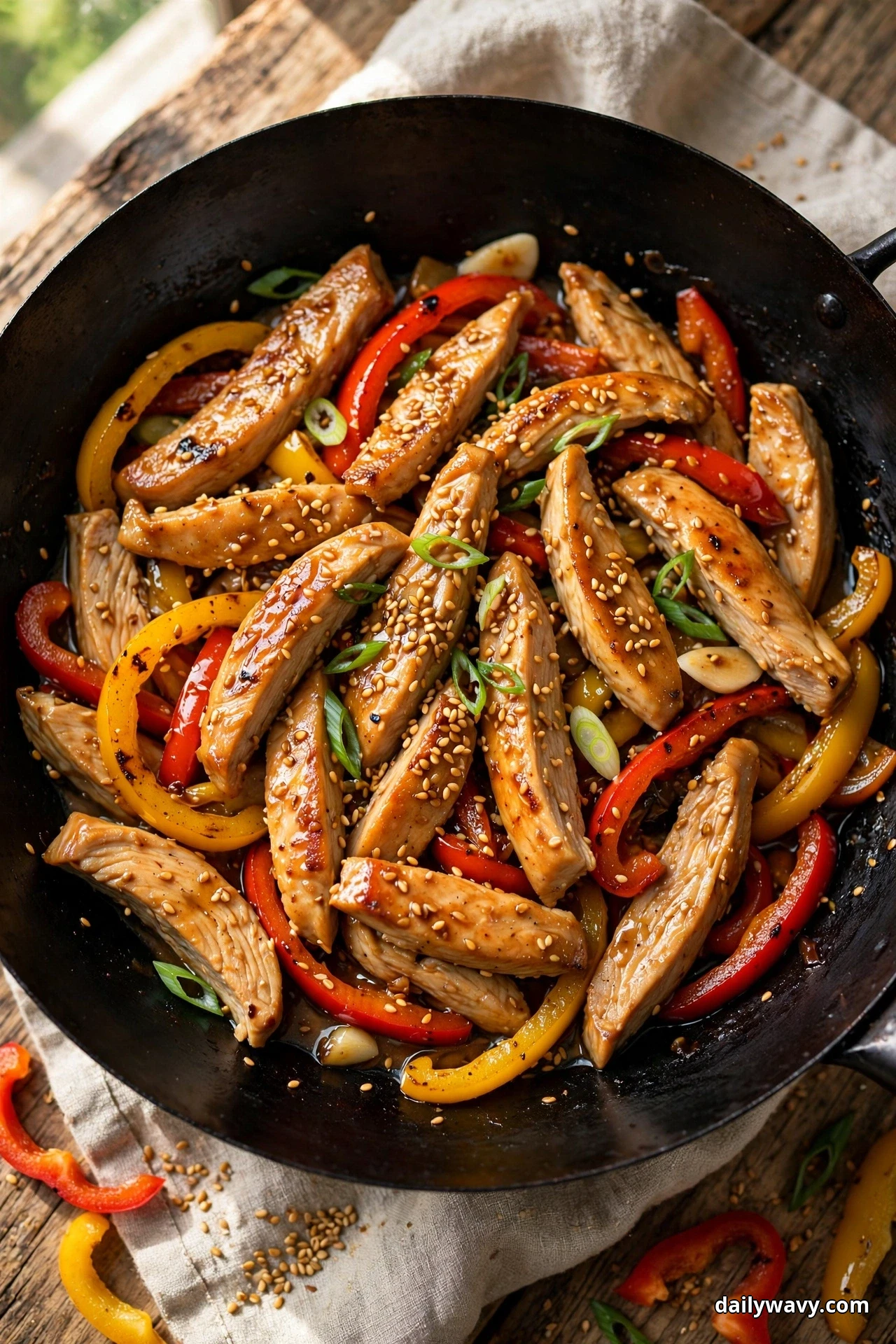A dark wok holds sliced glazed turkey strips with red and yellow bell pepper strips covered with toasted sesame seeds