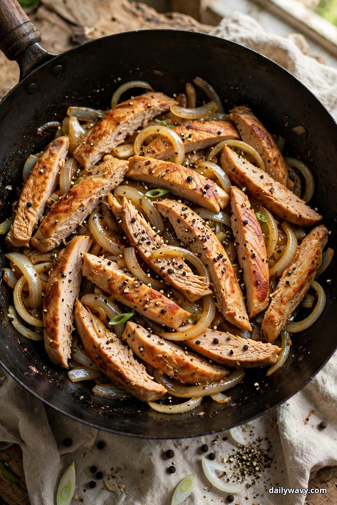 A dark skillet holds sliced seared turkey strips with softened onion slices flecked with coarsely cracked black pepper on a linen cloth