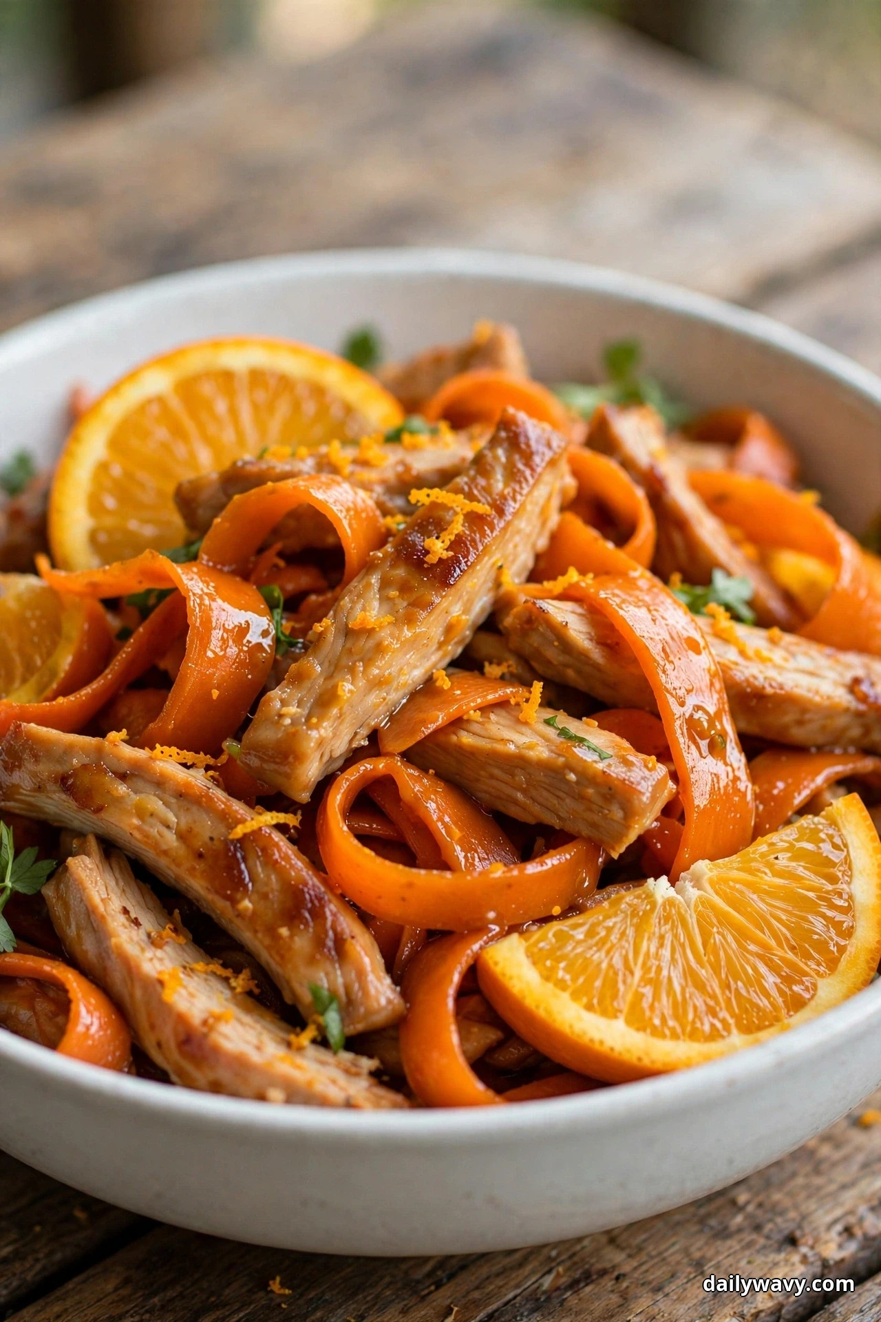A white bowl of sliced glazed turkey strips and curled carrot ribbons holds orange slices and a dusting of orange zest on a wooden table