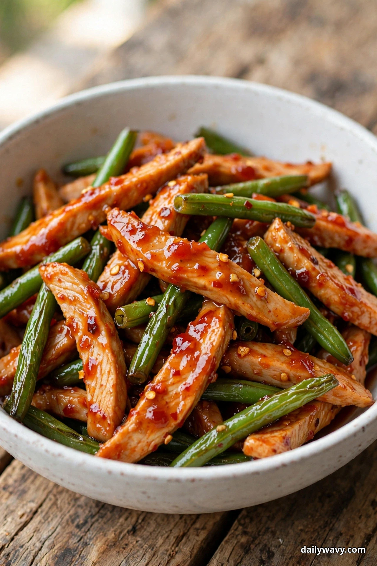 A white bowl of sliced turkey strips glossed with red sweet chili sauce is mixed with whole green beans on a wooden table