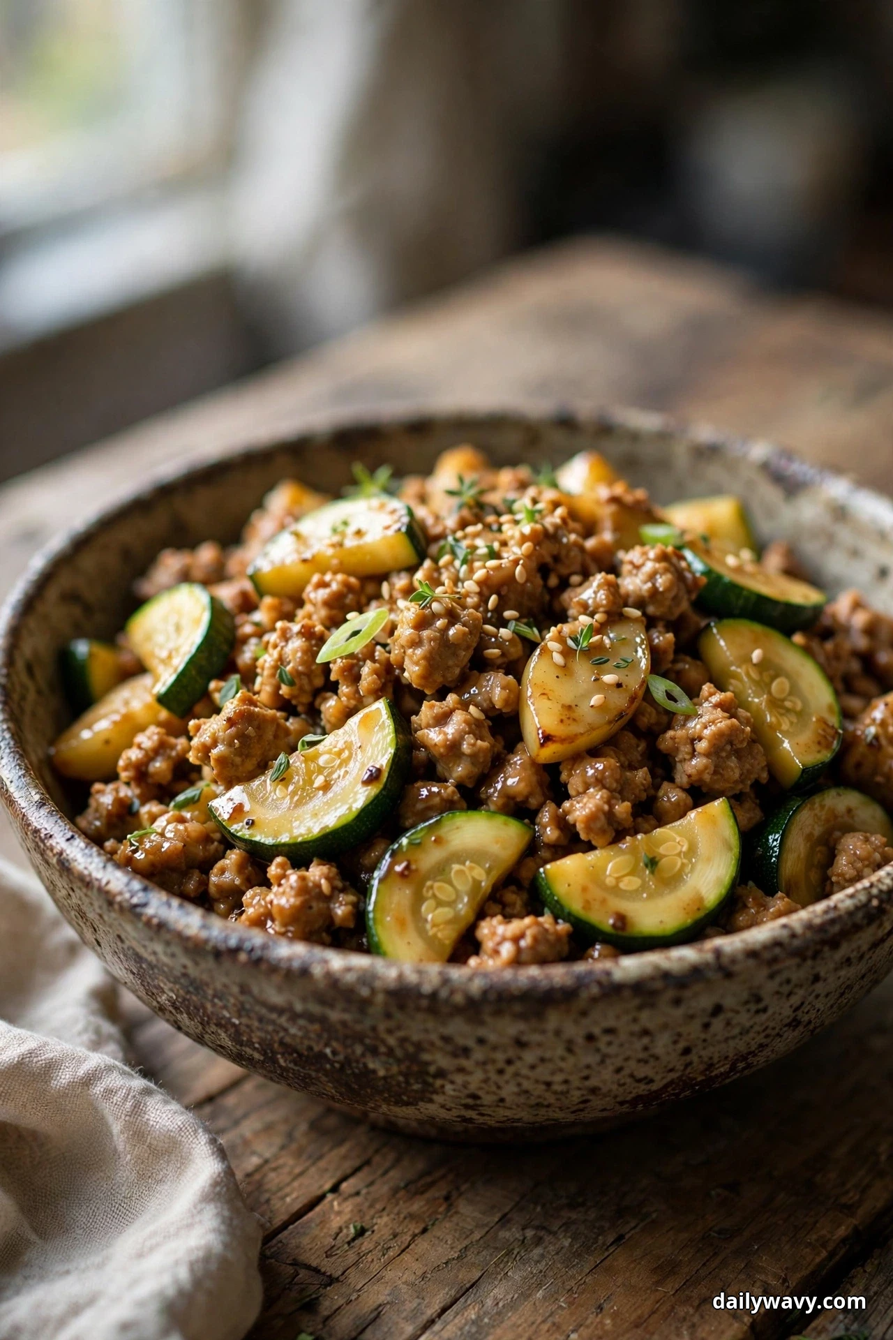 A speckled bowl of glossy ground turkey crumbles and zucchini half-moons is sprinkled with sesame seeds and sliced scallions on a wooden table