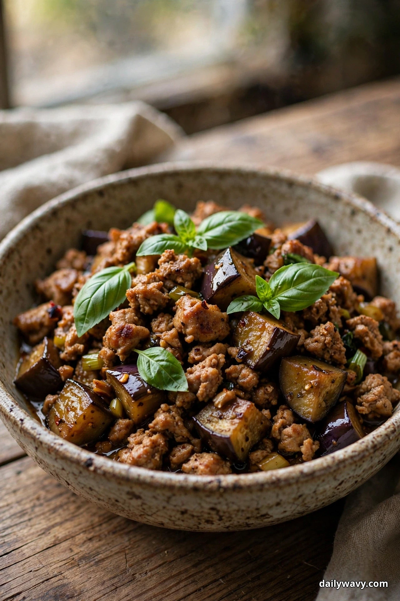 A speckled bowl of ground turkey crumbles and glossy eggplant cubes is topped with fresh basil leaves on a wooden table