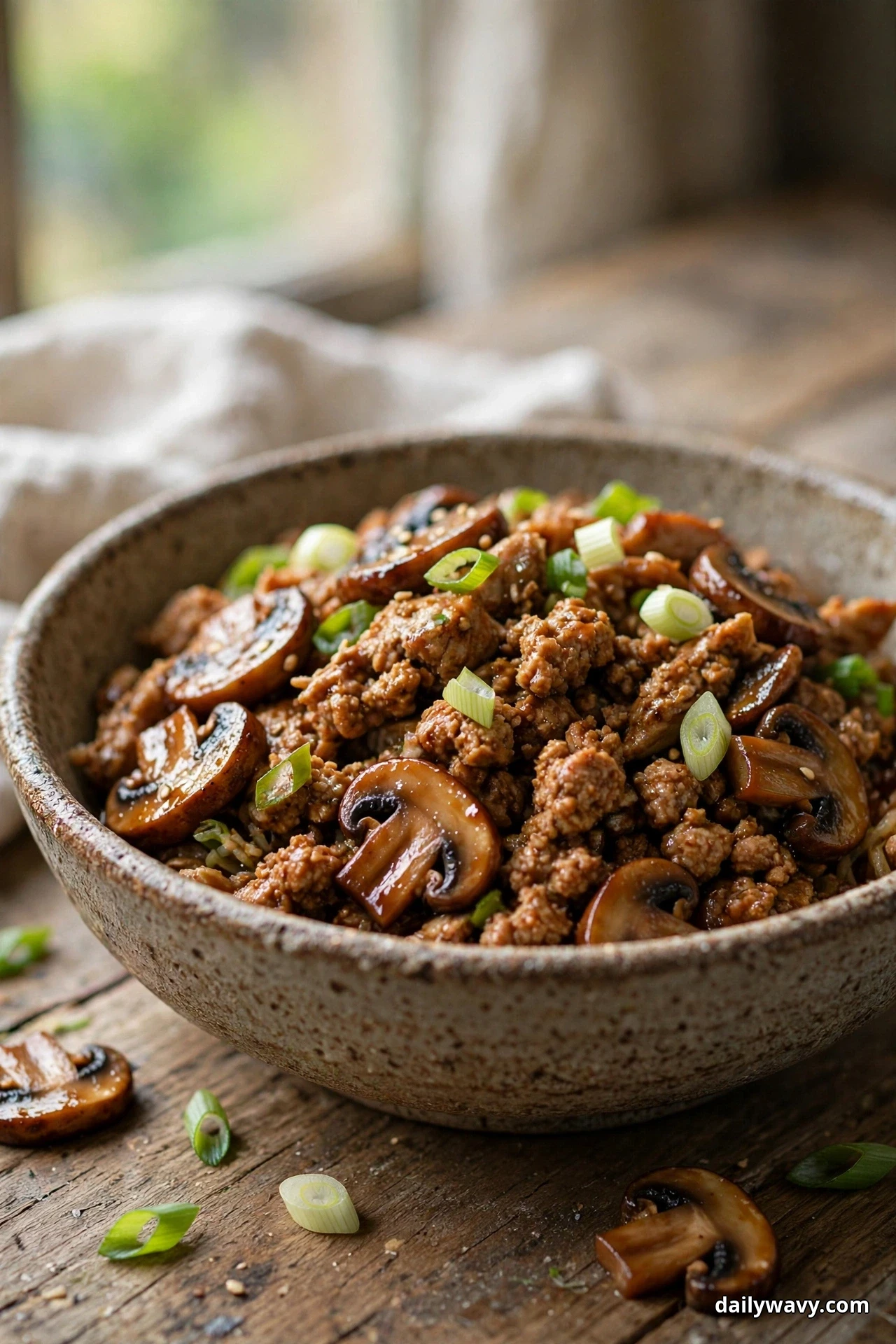 A speckled bowl of ground turkey crumbles in a dark glossy sauce is mixed with sliced mushrooms and topped with sliced scallions, with more mushrooms scattered on the wooden table beside it