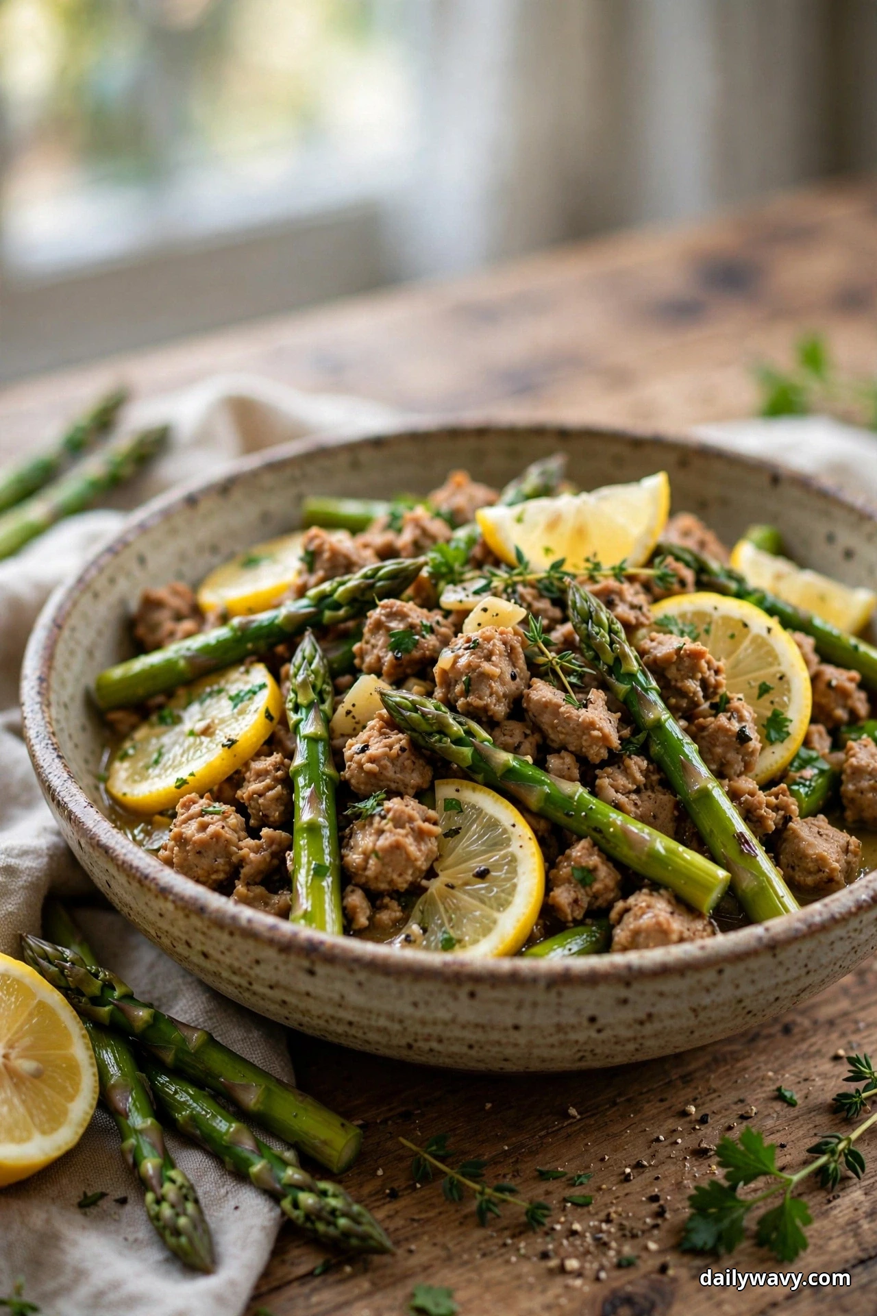 A speckled bowl of ground turkey crumbles with asparagus spears and lemon slices sits on a wooden table beside a halved lemon and fresh asparagus