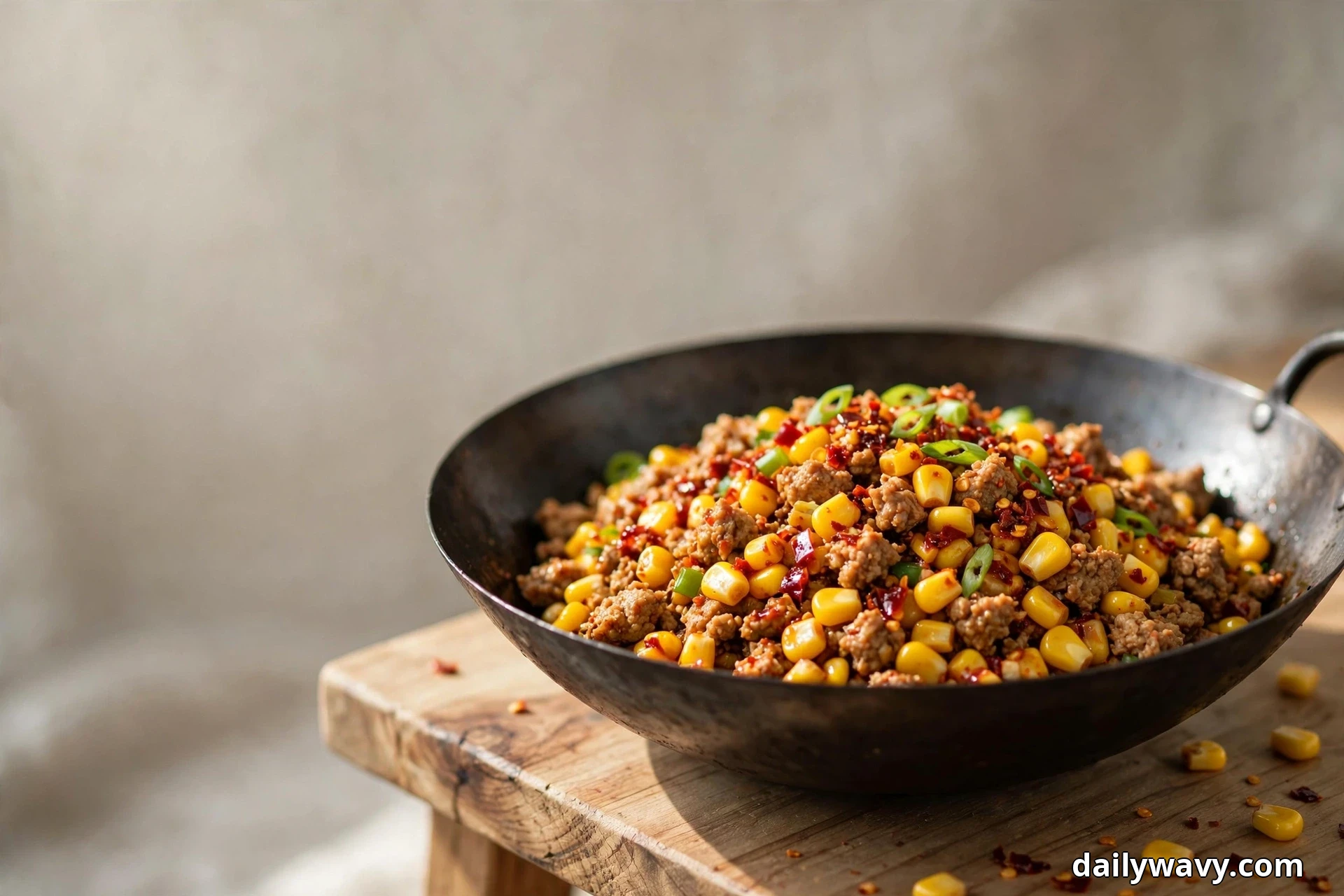 A dark wok filled with ground turkey crumbles, corn kernels and red chili crisp flakes topped with sliced scallions sits on a wooden board with loose corn kernels scattered beside it