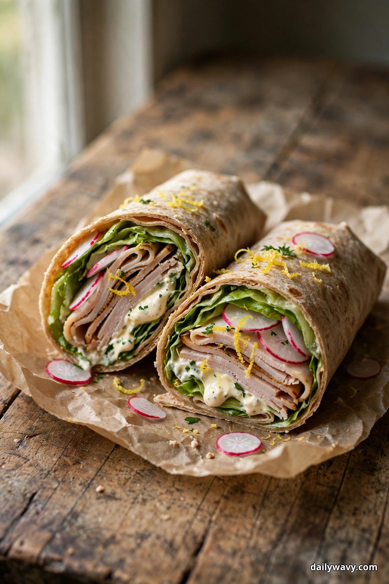 Two halves of a turkey wrap sit on parchment by a window, showing folded deli turkey slices, radish rounds, lettuce and lemon mayo under a sprinkle of lemon zest