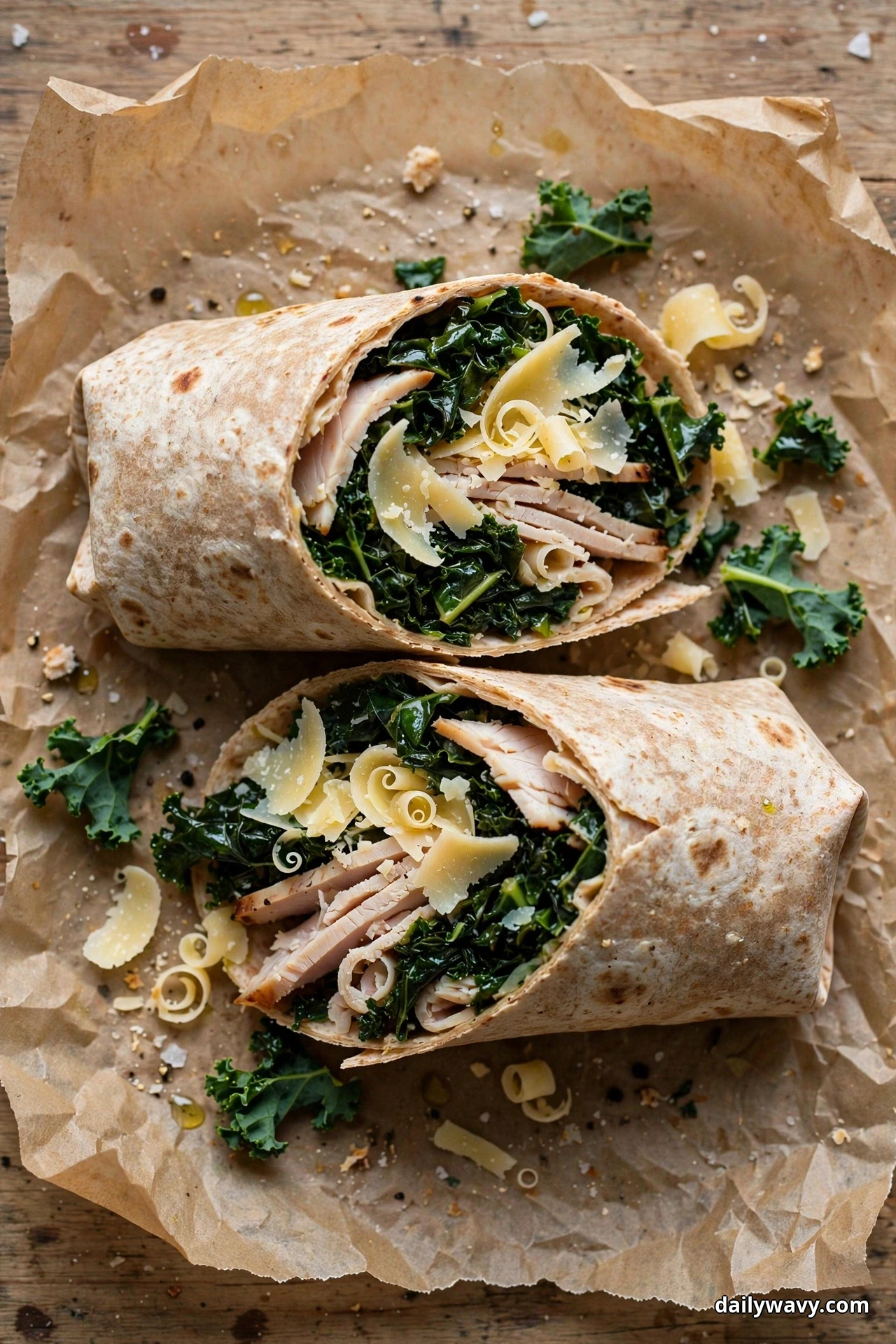 An overhead view shows two turkey wrap halves on parchment, their cut ends packed with dark massaged kale, sliced turkey and curled parmesan shavings