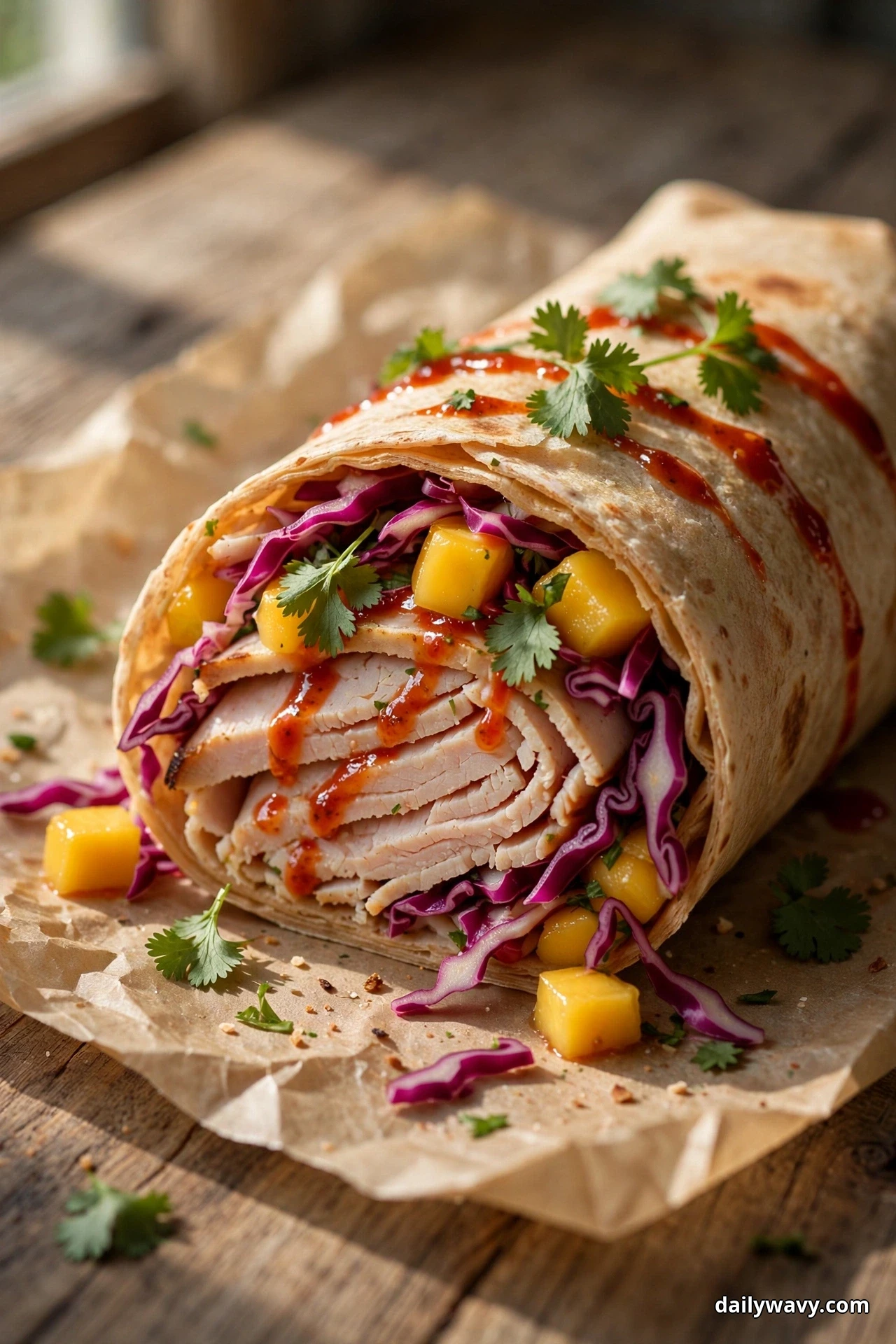 A cut turkey wrap rests on parchment with its spiral of sliced turkey, mango cubes, shredded red cabbage and cilantro leaves glossed with a red chili drizzle