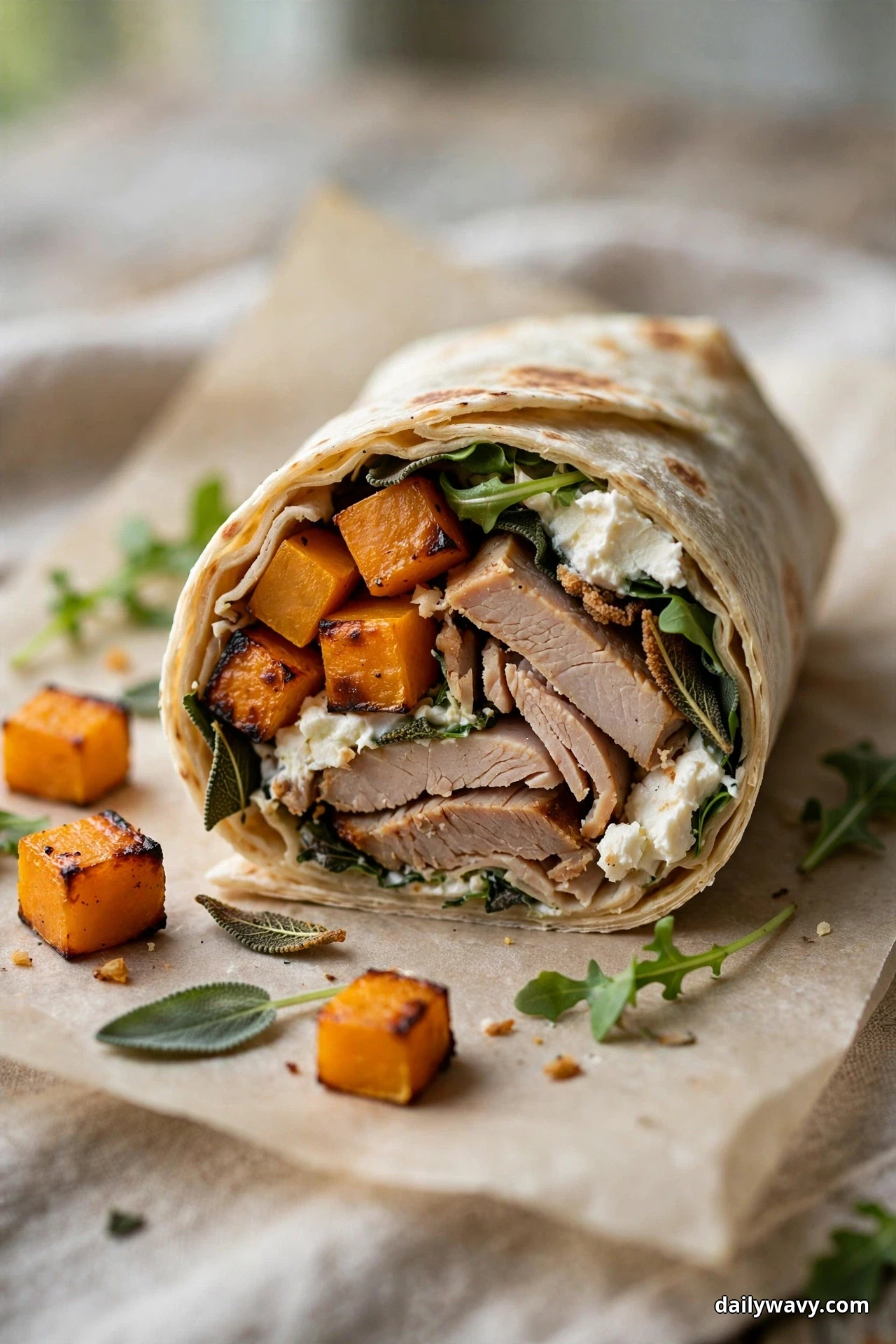A cut turkey wrap stands on parchment beside loose roasted butternut squash cubes and sage leaves, showing sliced turkey, crumbled goat cheese and arugula in the cross-section