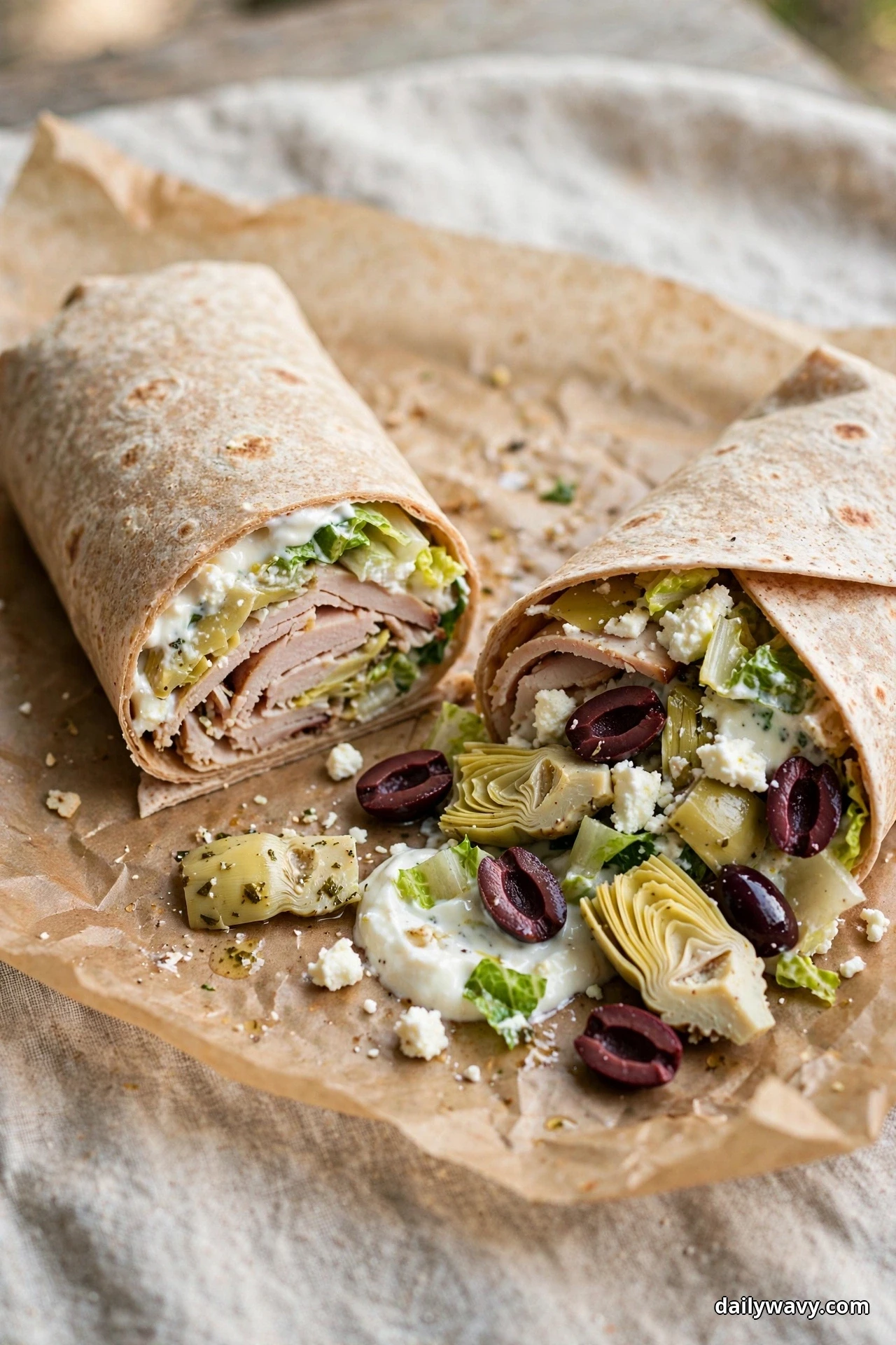 Two turkey wrap halves rest on parchment with artichoke hearts, Kalamata olive halves, crumbled feta and romaine spilling from the open end over a creamy yogurt spread