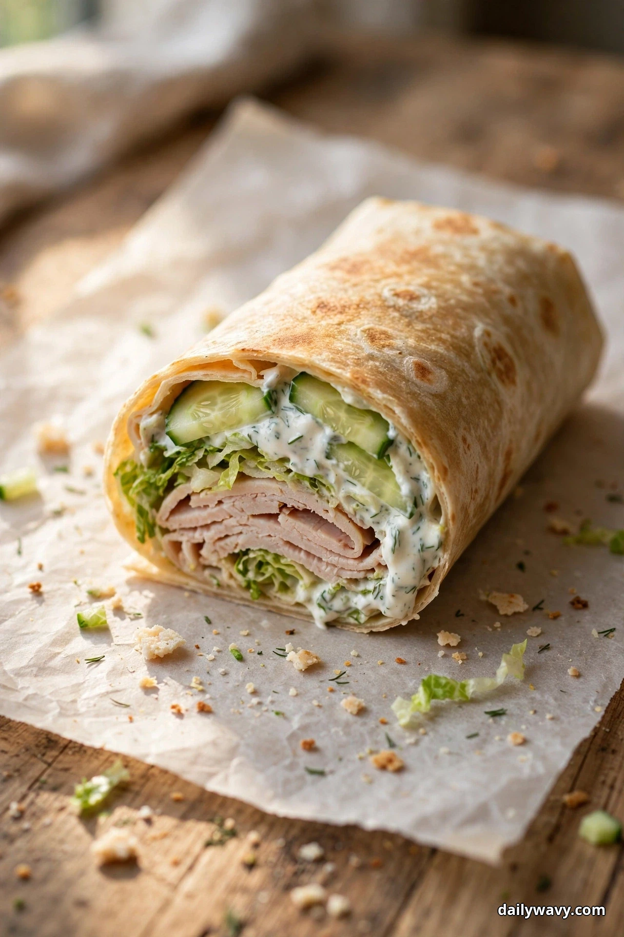 A cut turkey wrap lies on parchment over a wooden table, its open end showing cucumber slices, shredded romaine and folded turkey slices under a dill-flecked yogurt sauce