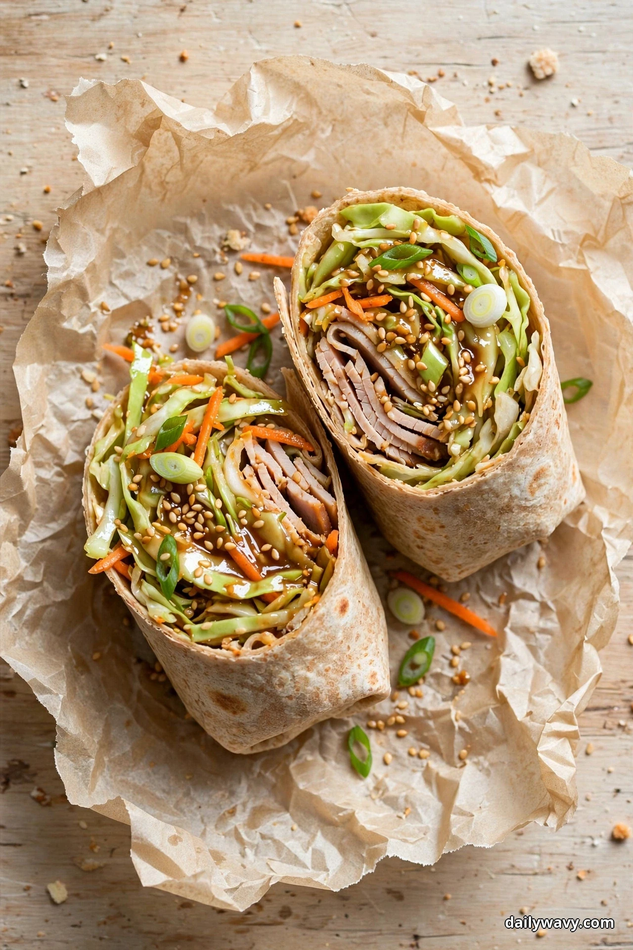 An overhead view shows two turkey wrap halves standing on parchment, filled with shredded green cabbage, carrot shreds, scallion slices and folded turkey under a glossy sesame dressing and sesame seeds