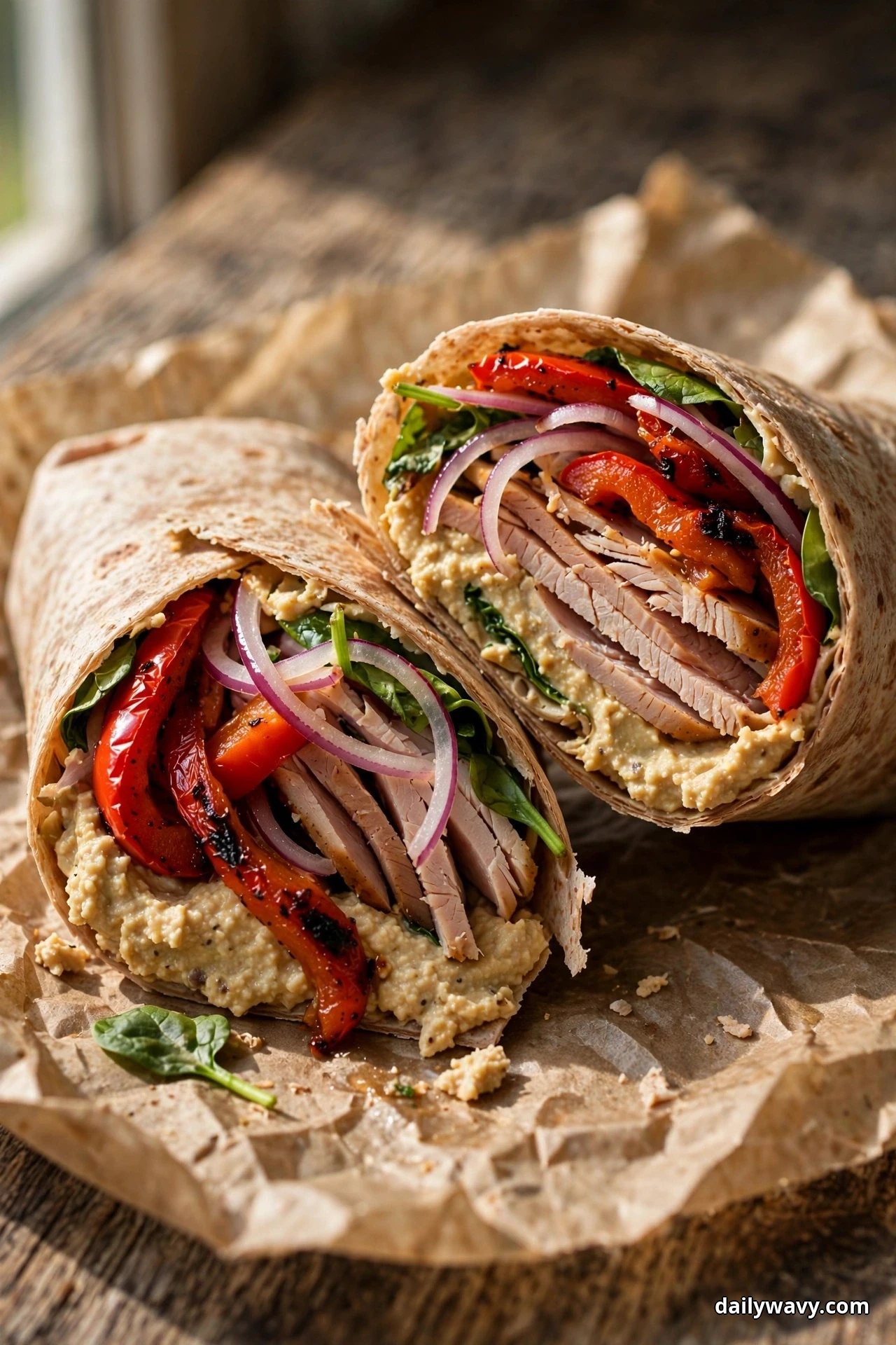 Two turkey wrap halves rest on parchment by a window, showing a thick hummus layer, sliced turkey, charred roasted red pepper strips, red onion rings and spinach leaves