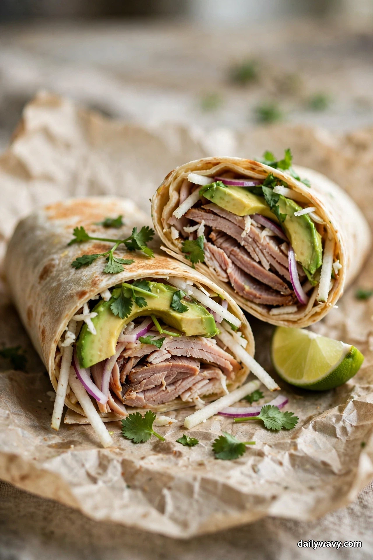 Two turkey wrap halves rest on parchment beside a lime wedge, showing avocado slices, shredded jicama sticks, red onion slices and cilantro layered over sliced turkey