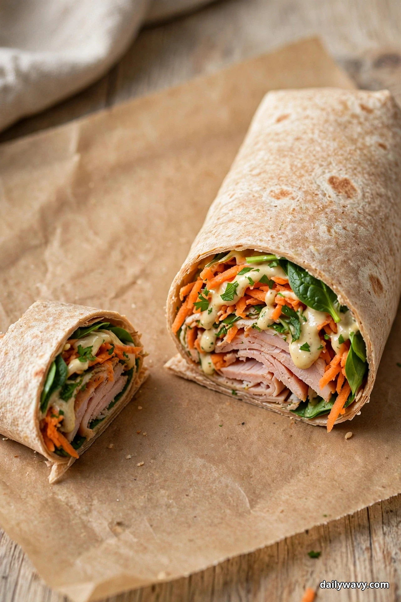 A turkey wrap and a cut slice rest on parchment, the open ends showing shredded carrots, spinach leaves, parsley and folded turkey under a creamy tahini drizzle