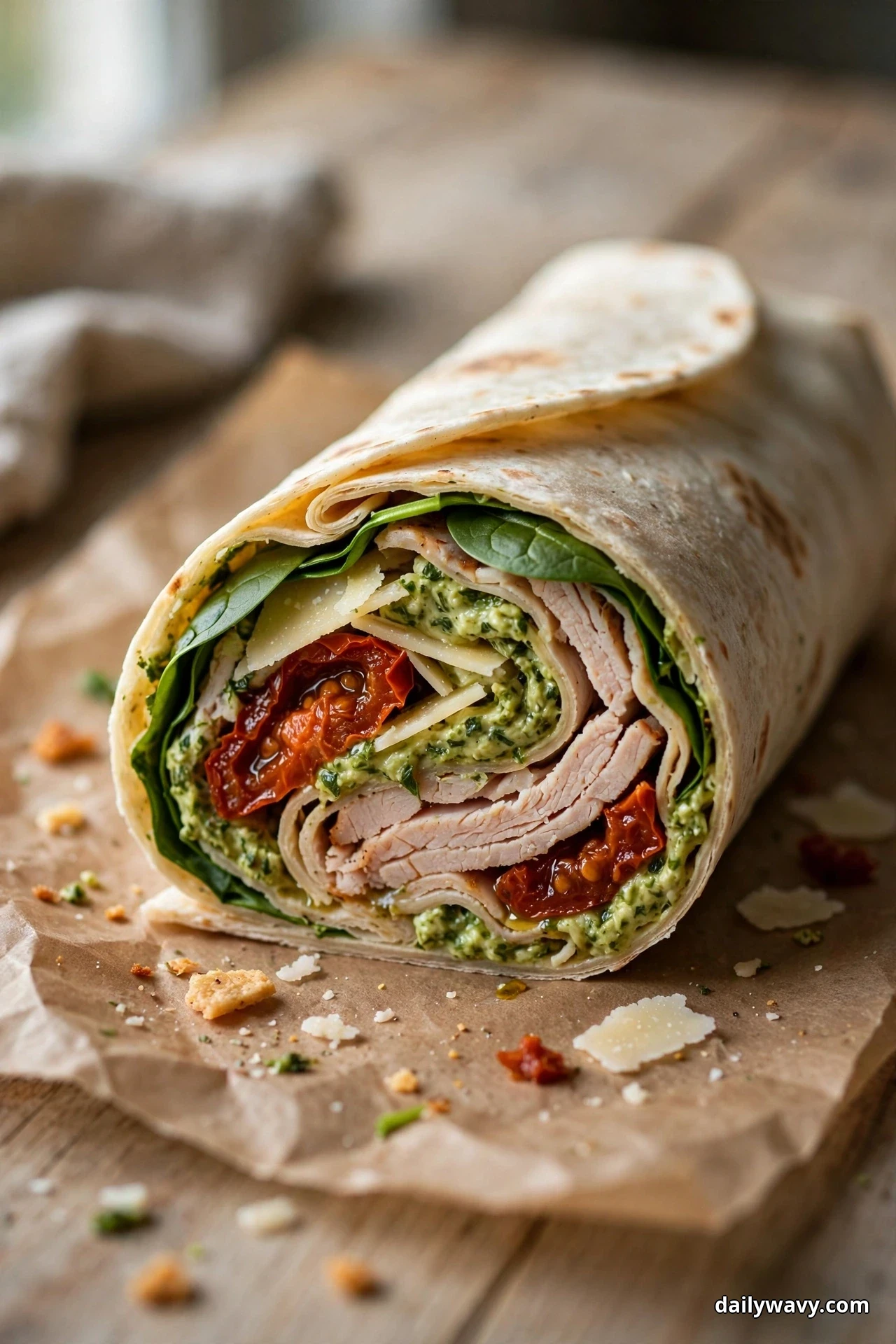 A close view of a cut turkey wrap on parchment shows its spiral of sliced turkey layered with green pesto, spinach leaves, sun-dried tomatoes and parmesan shavings
