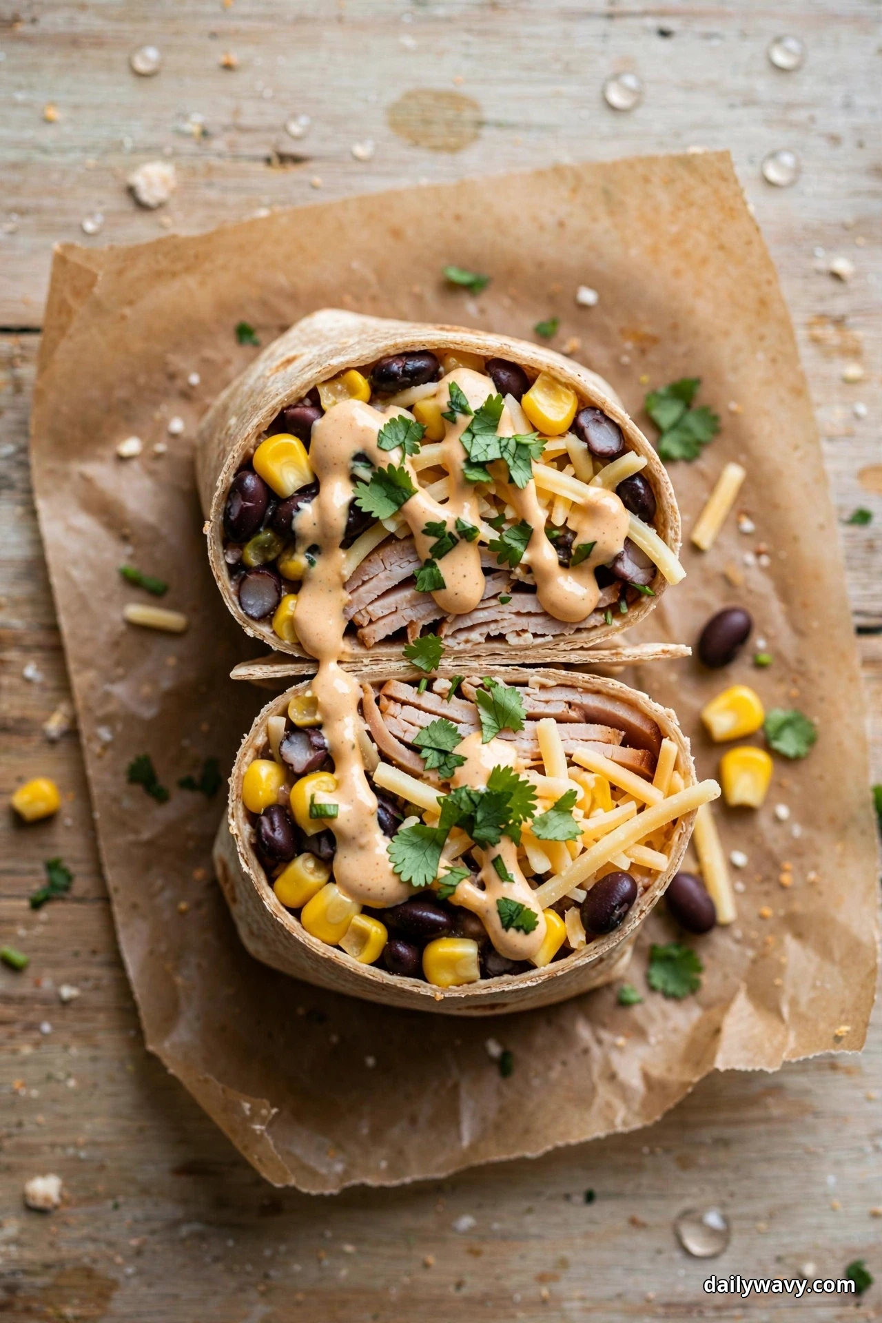 An overhead view shows two turkey wrap halves on parchment over a wooden table, filled with corn kernels, black beans, shredded cheese and sliced turkey under a chipotle crema drizzle and cilantro