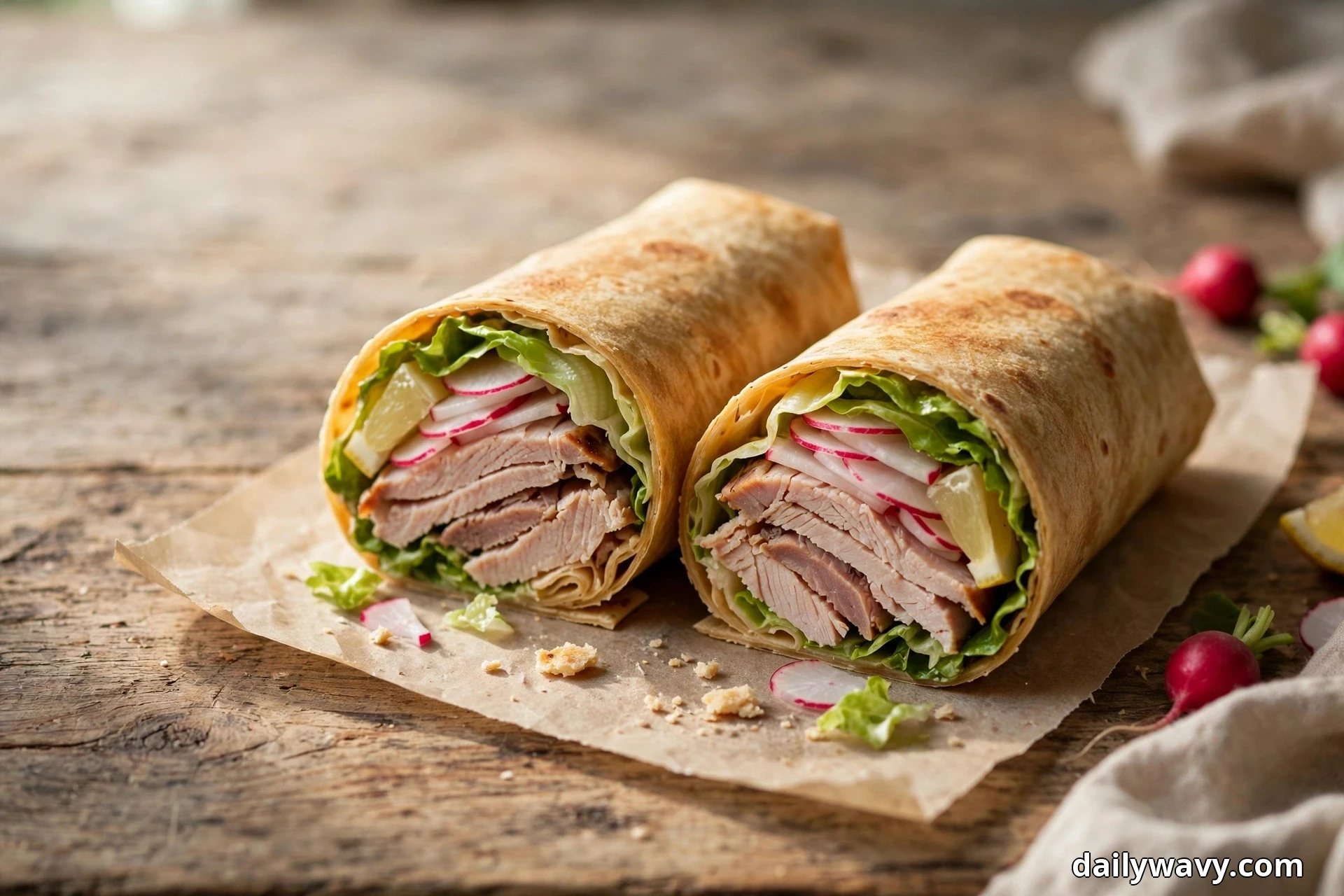 Two halves of a turkey wrap rest on parchment over a wooden table, the cross-sections showing layers of sliced turkey, thin radish slices, lettuce and lemon wedges