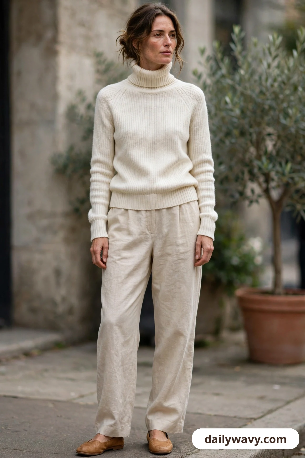 A closer view shows a woman wearing a cream ribbed turtleneck with relaxed natural linen trousers and tan leather flats on a city sidewalk.