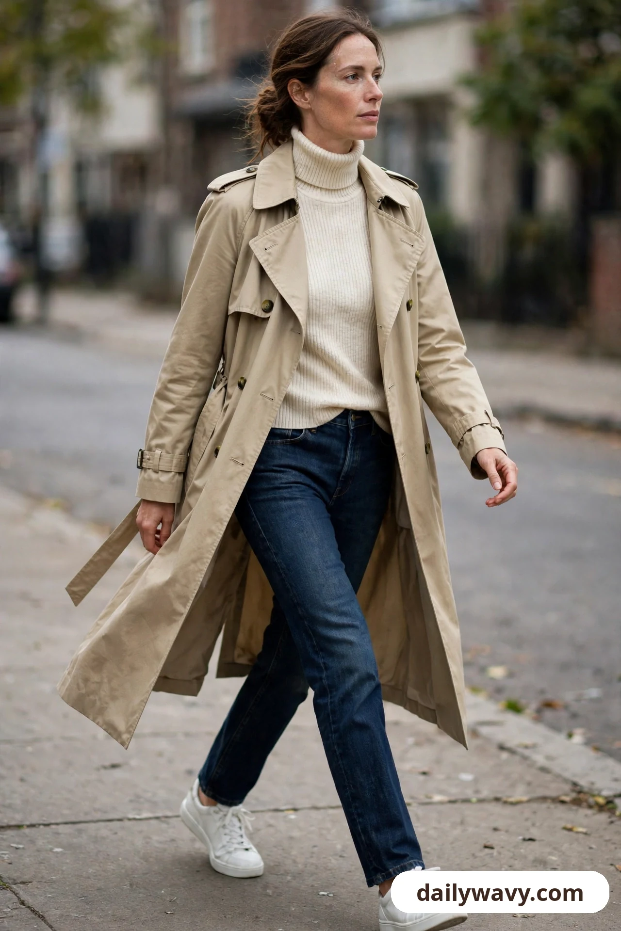 A woman walks along a sidewalk wearing a cream ribbed turtleneck and dark indigo straight jeans under an open beige trench coat, with white sneakers.