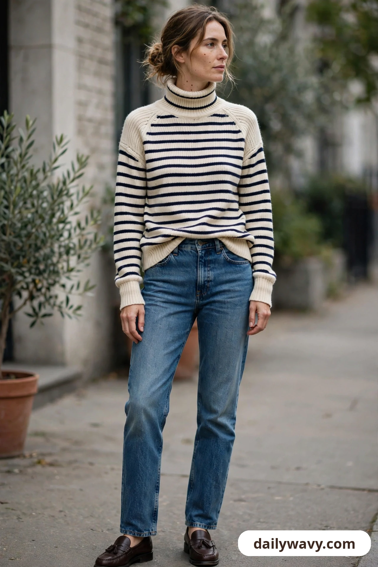 A woman wears a cream and navy striped turtleneck with medium-wash straight jeans and dark brown leather loafers on a sidewalk.