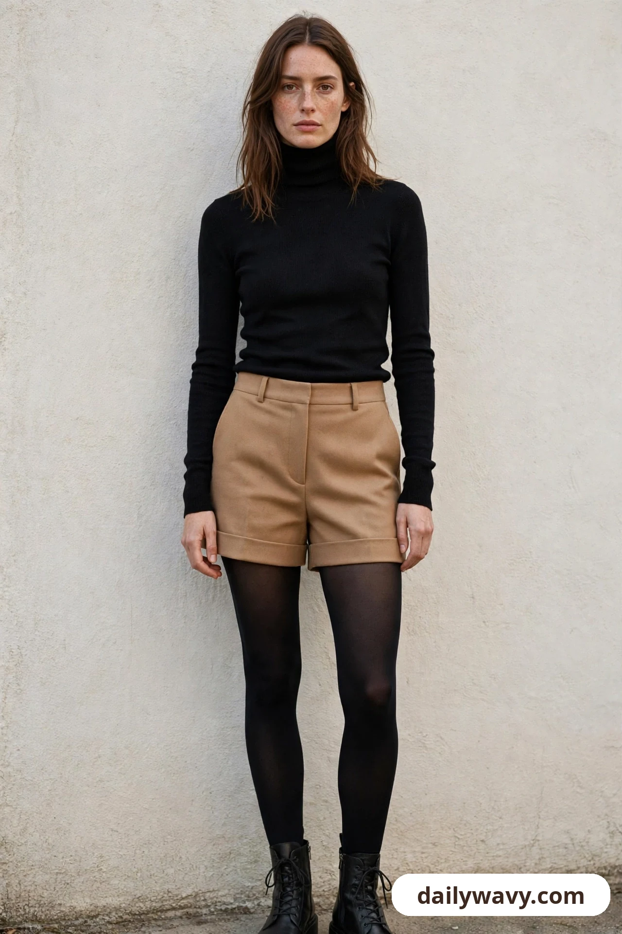 A woman stands against a cream wall wearing a black fitted turtleneck tucked into tailored camel shorts with black tights and black lace-up ankle boots.