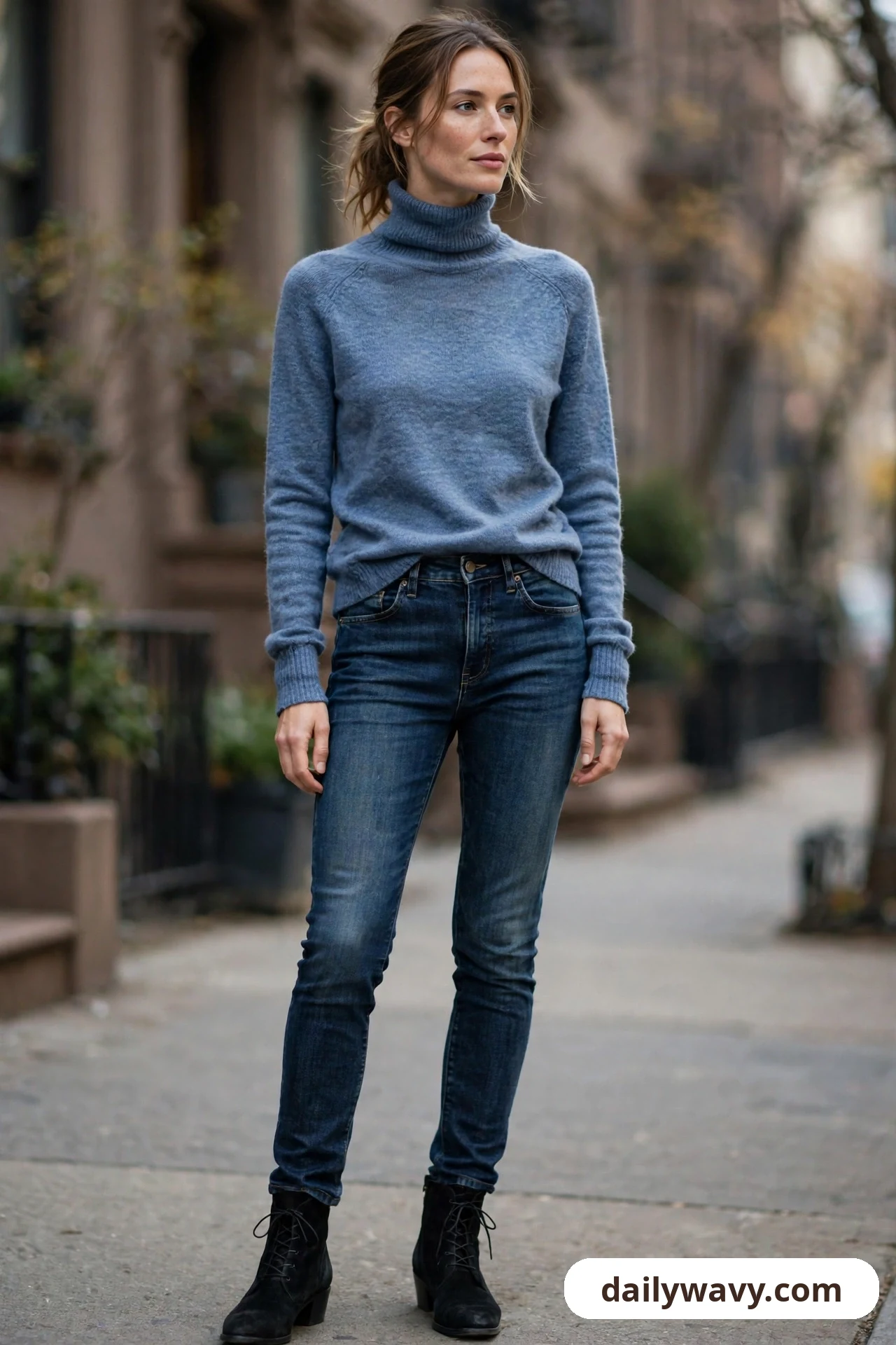 A woman stands on a city sidewalk wearing a heather blue turtleneck with dark-wash skinny jeans and black ankle boots.