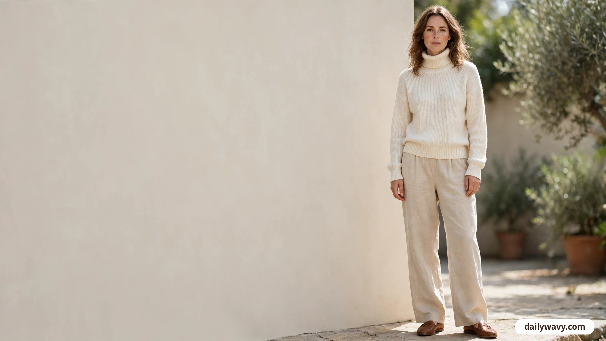 A wide view shows a woman standing on a stone path beside a cream wall, wearing a cream ribbed turtleneck and relaxed natural linen trousers with brown leather loafers.