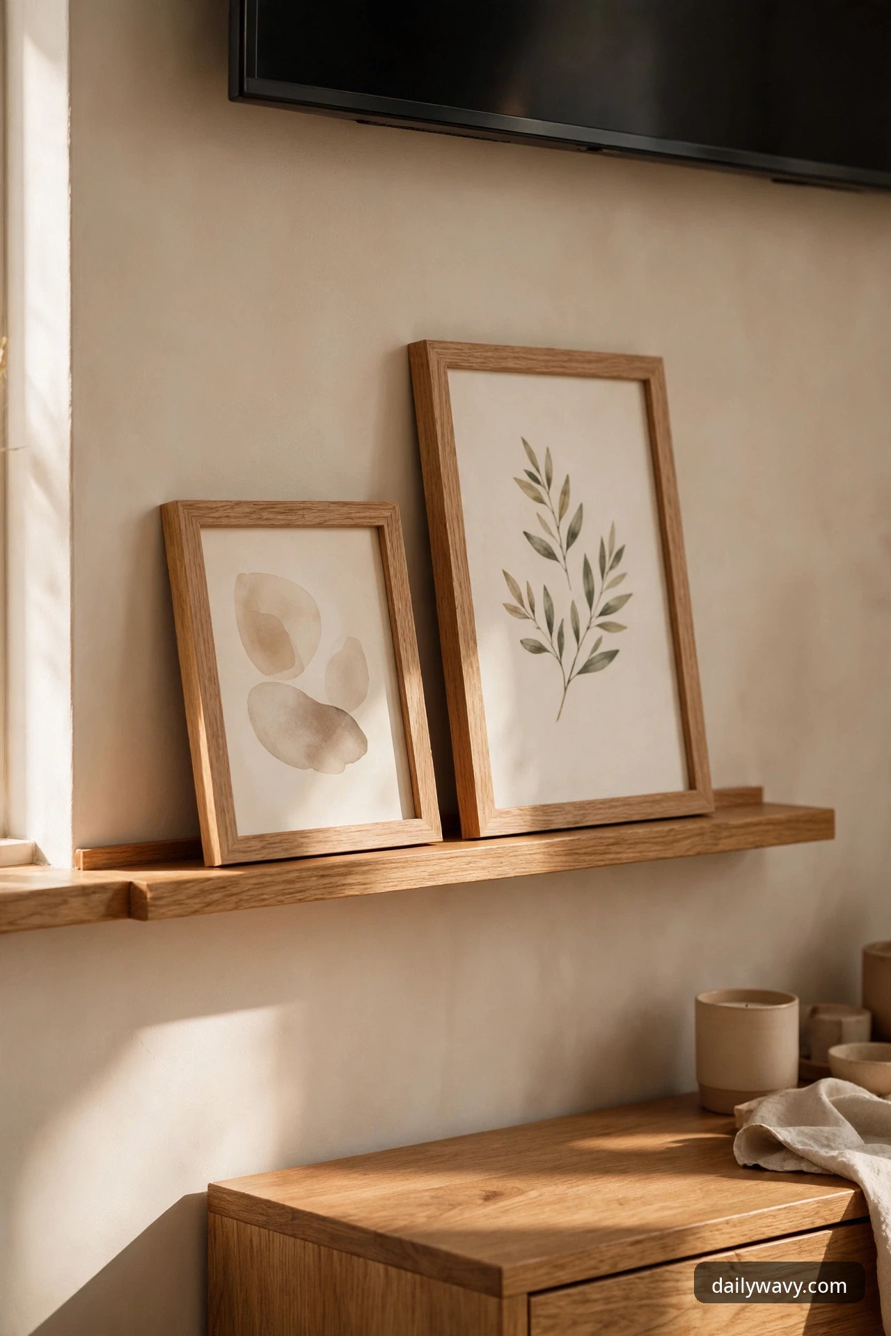 Shallow oak picture ledge with leaning framed prints mounted on the wall below a TV