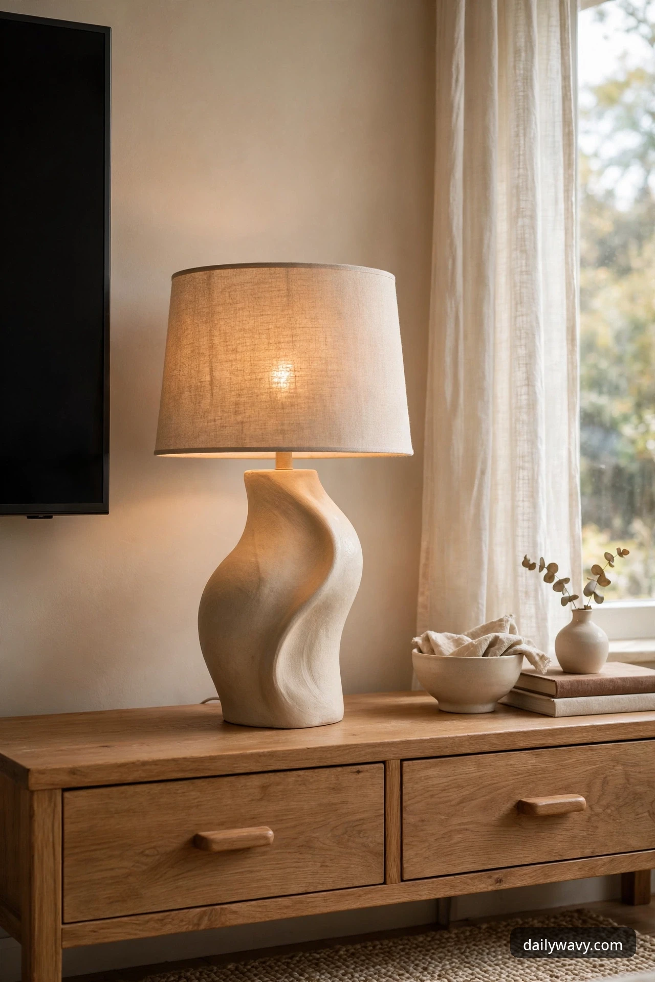 Single sculptural ceramic table lamp with linen shade on a wooden console beside a TV