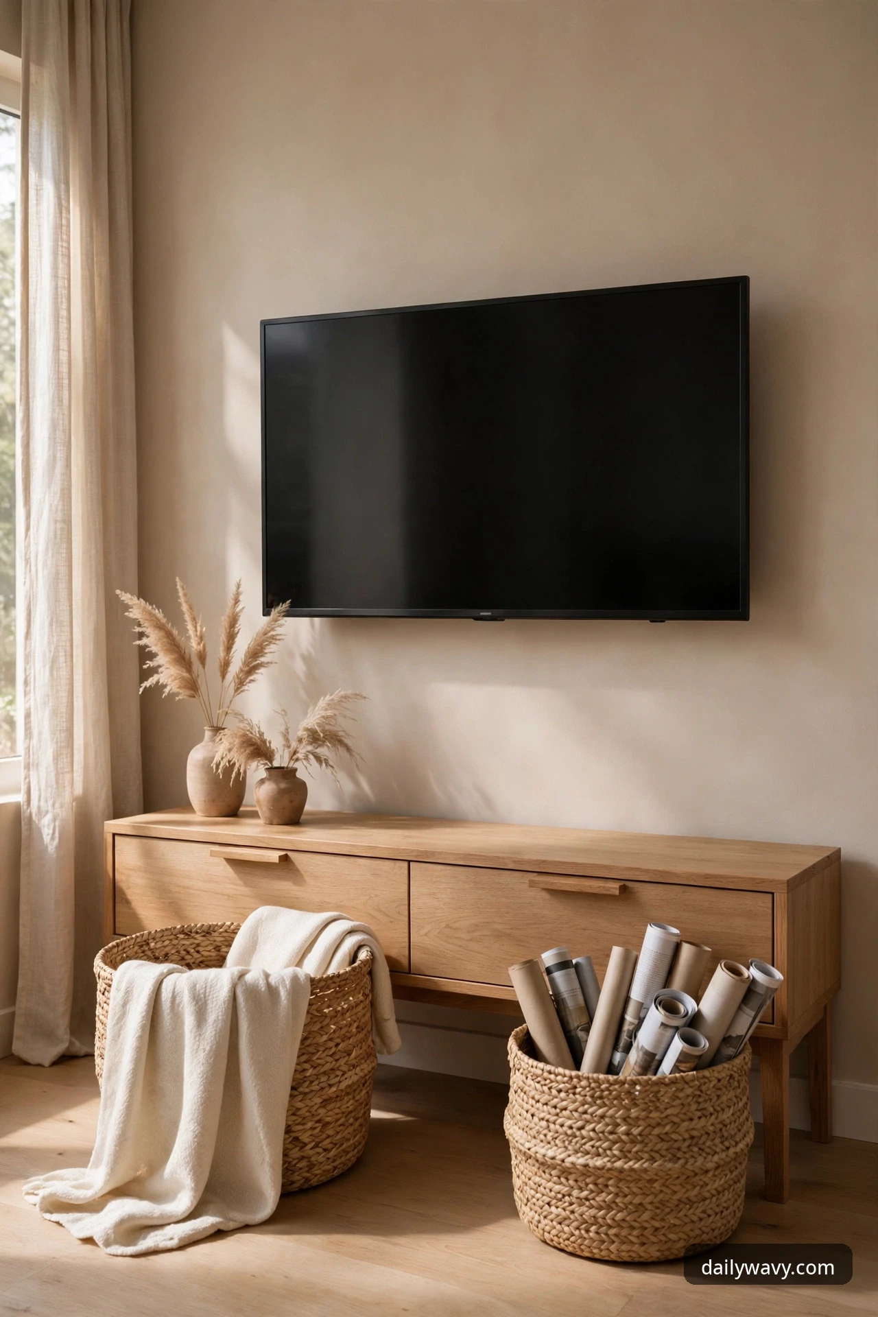 Woven seagrass baskets with a throw blanket and magazines at floor level beside a TV console