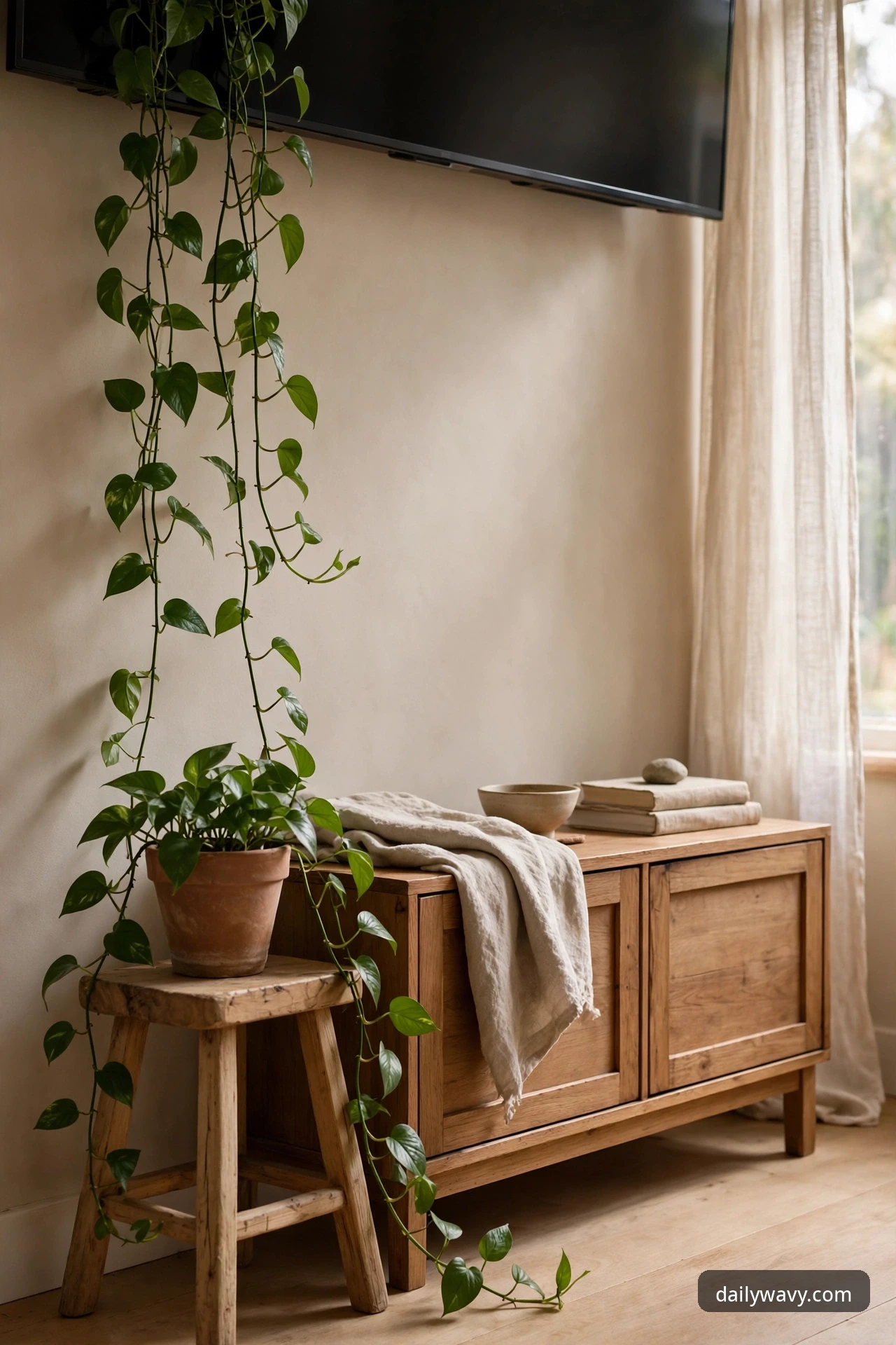 Trailing pothos plant in a terracotta pot on a stool beside a TV console