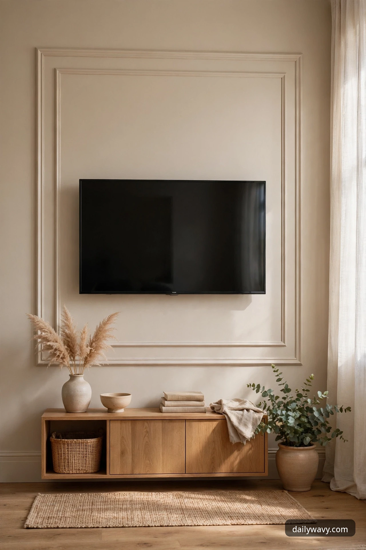 TV framed by a rectangle of wall-colored molding trim with a generous border, wooden console below