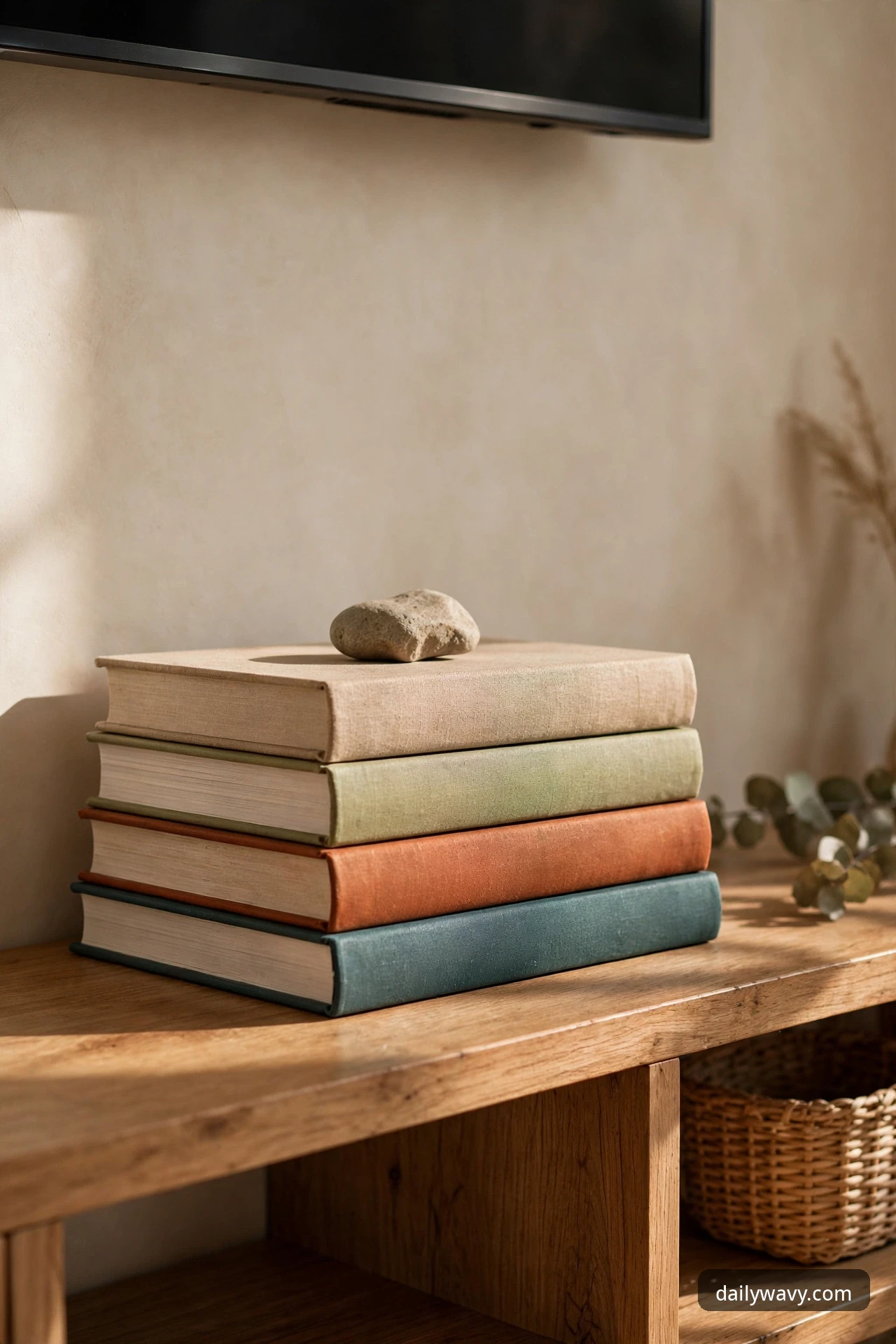 Low horizontal stack of art books with a small stone object on a TV console