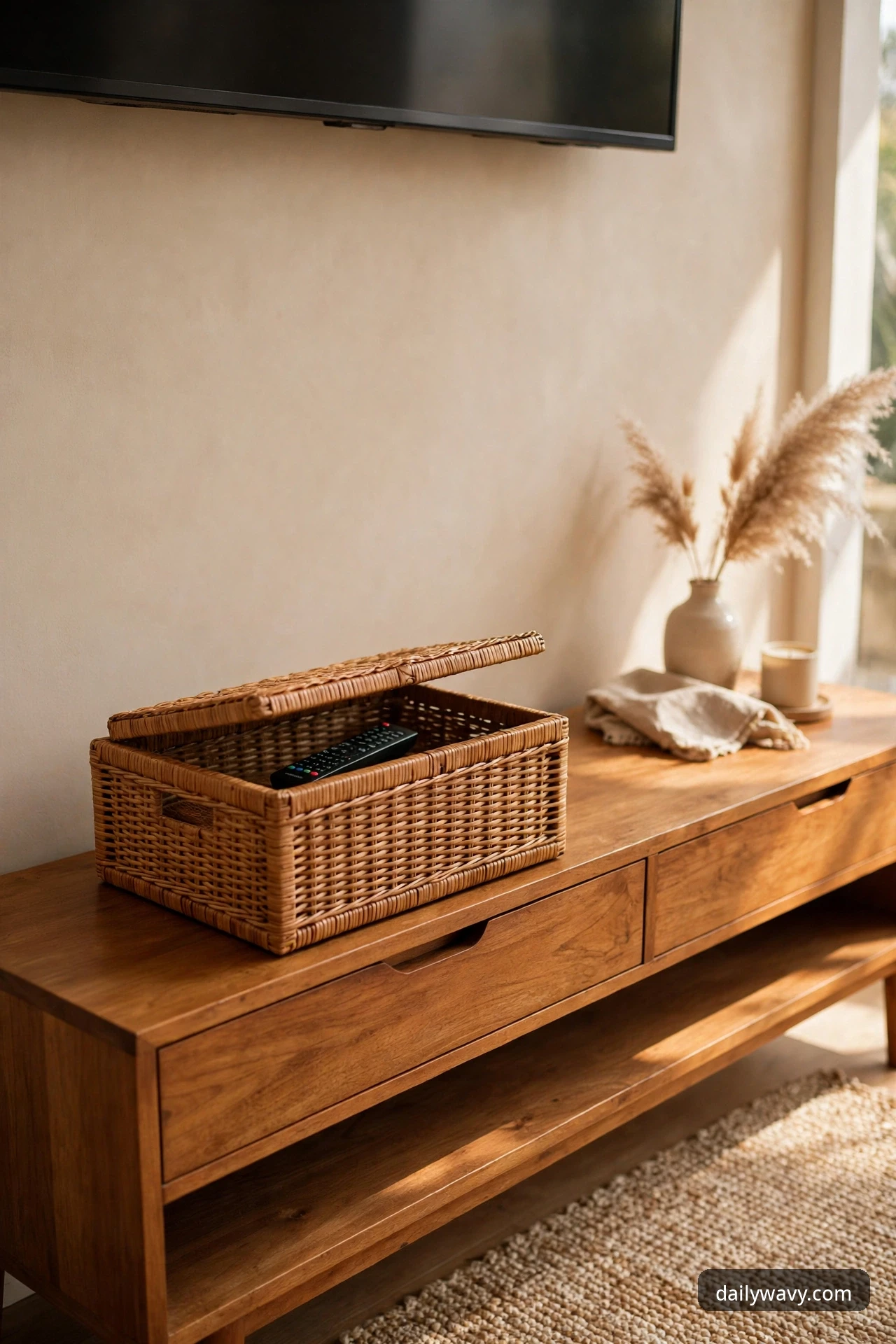 Lidded woven decorative box holding remotes on one end of a TV console